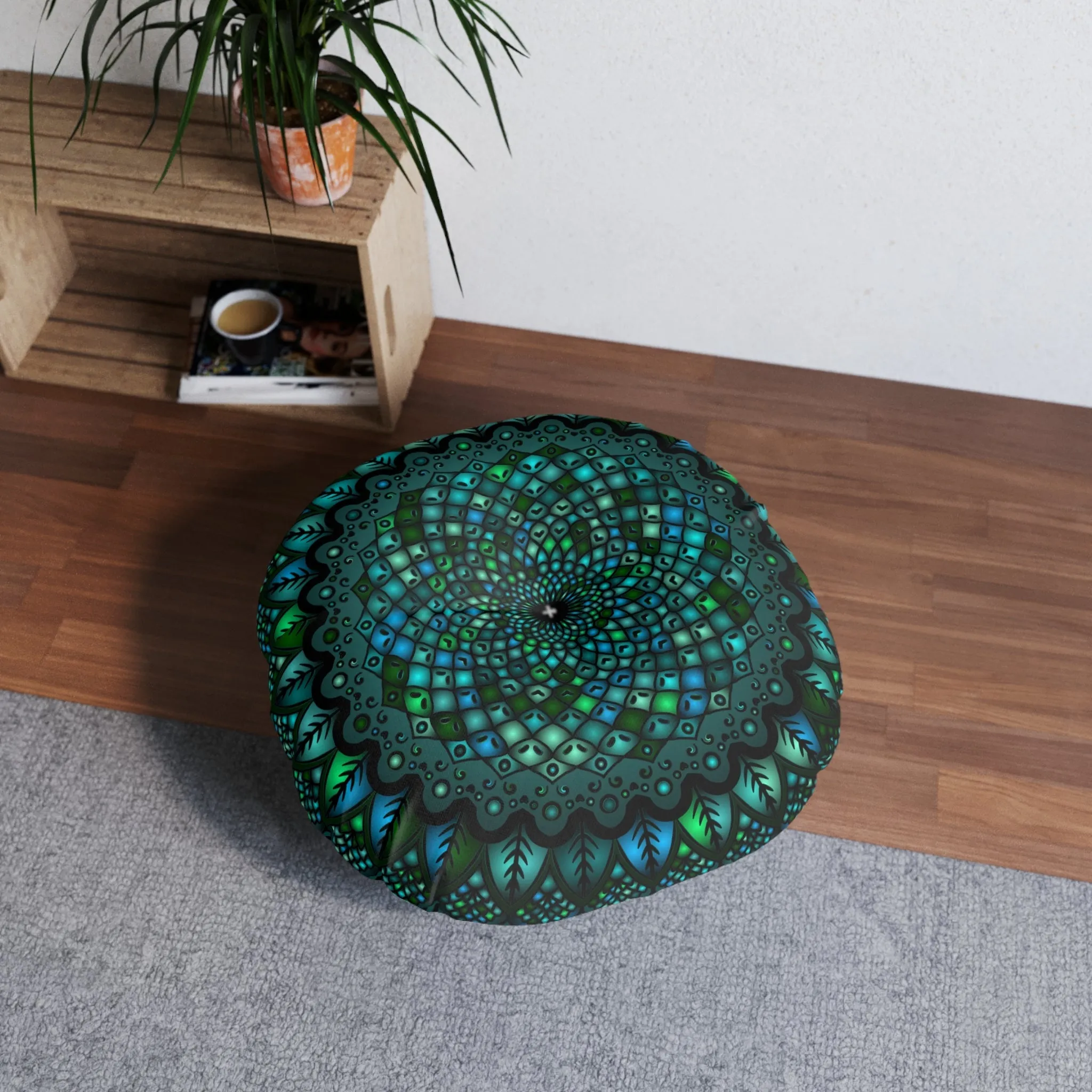 Handmade Mandala Art Tufted Floor Pillow - Round