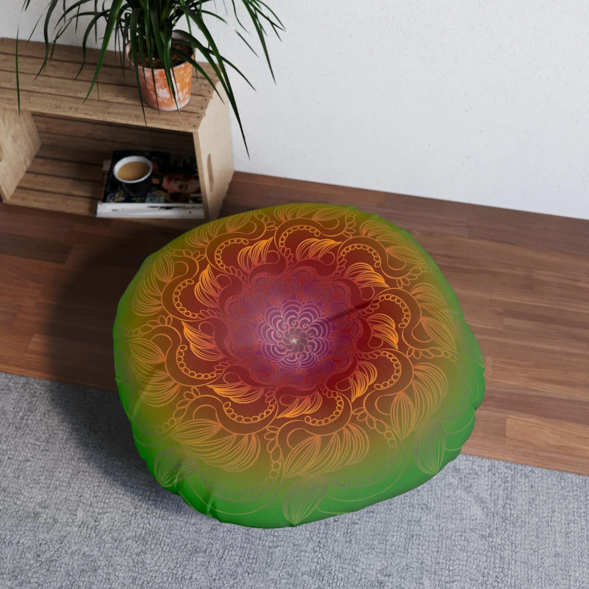 Handmade Mandala Art Tufted Round Floor Cushion - Rainbow Flower Mandala on Black Background