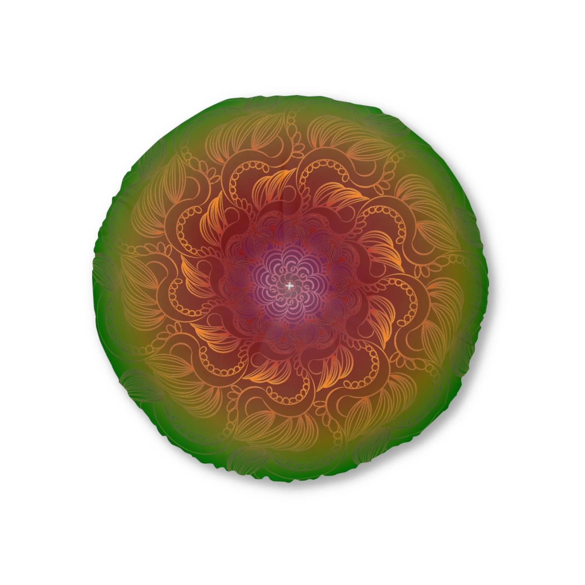 Handmade Mandala Art Tufted Round Floor Cushion - Rainbow Flower Mandala on Black Background