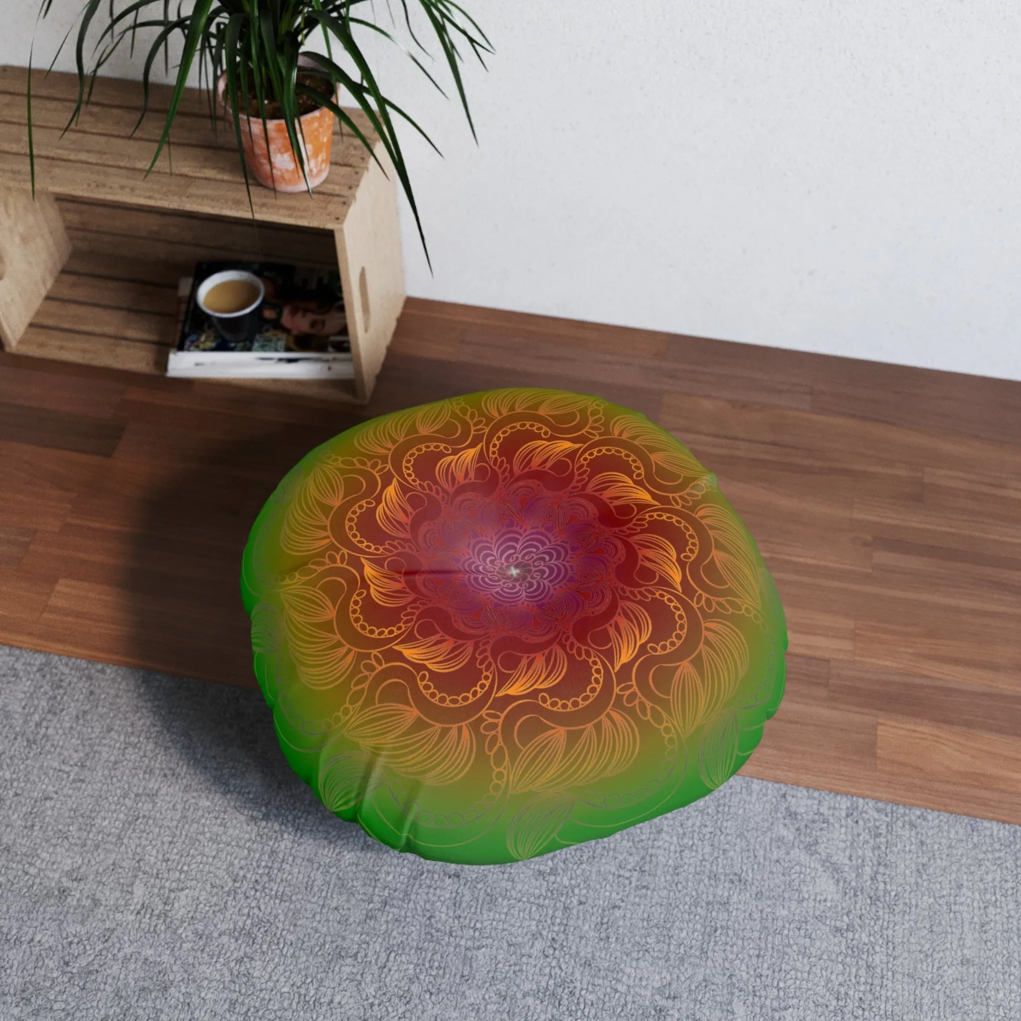 Handmade Mandala Art Tufted Round Floor Cushion - Rainbow Flower Mandala on Black Background