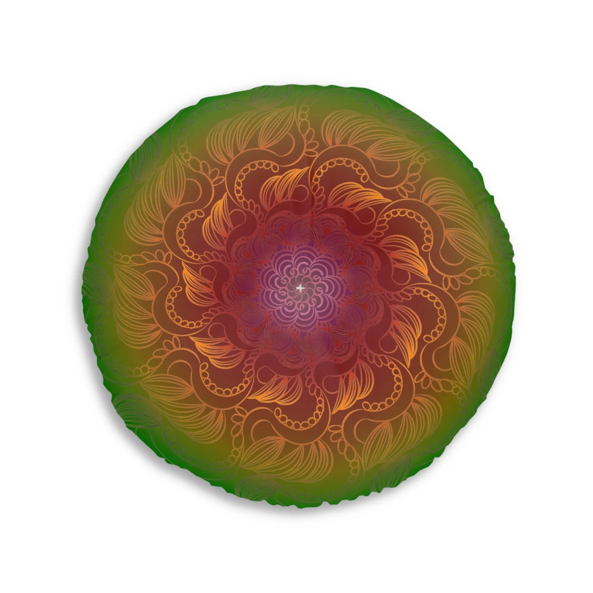 Handmade Mandala Art Tufted Round Floor Cushion - Rainbow Flower Mandala on Black Background