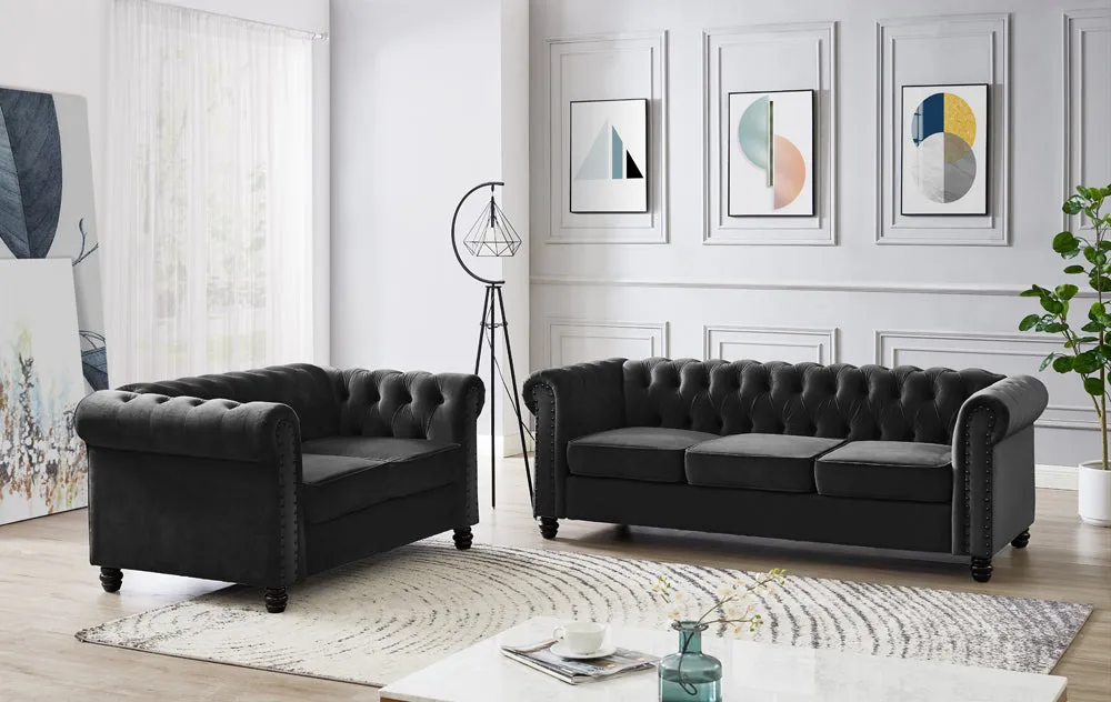 Harper Chesterfield 3 2 Fabric Sofa- Black Velvet