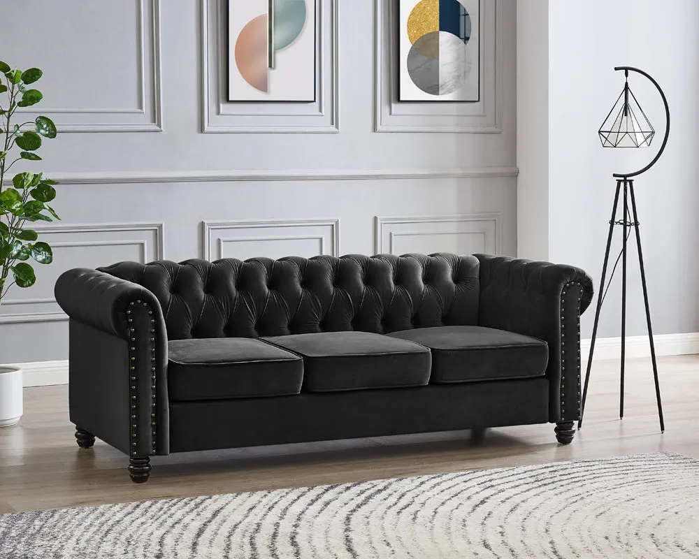 Harper Chesterfield 3 2 Fabric Sofa- Black Velvet