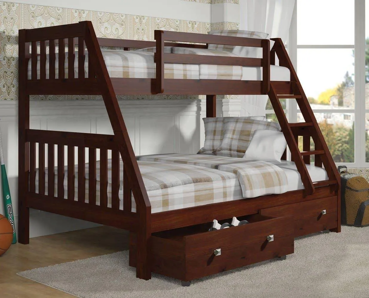 Ian Modern Dark Wood Twin over Full Bunk Bed with Storage