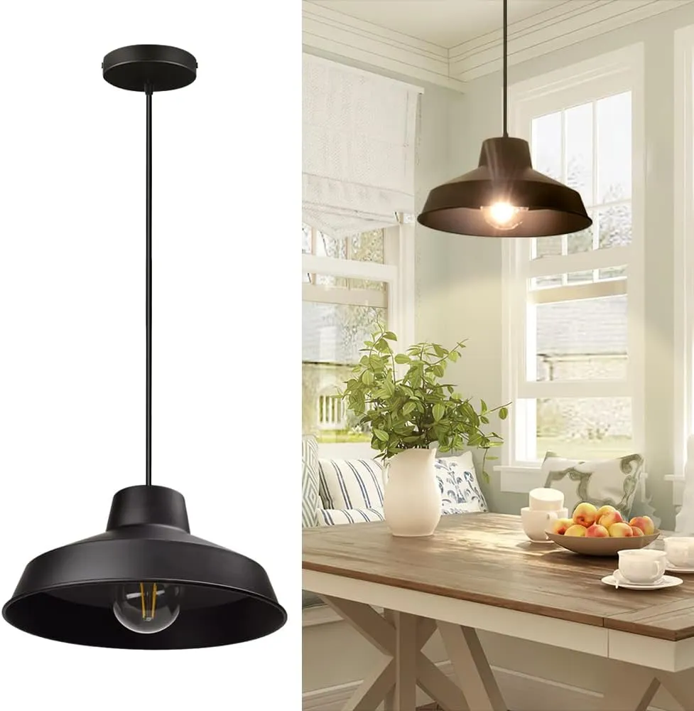 Industrial Black Pendant Light, Farmhouse Metal Adjustable Hanging Light Fixture, Dome Barn Pendant Light