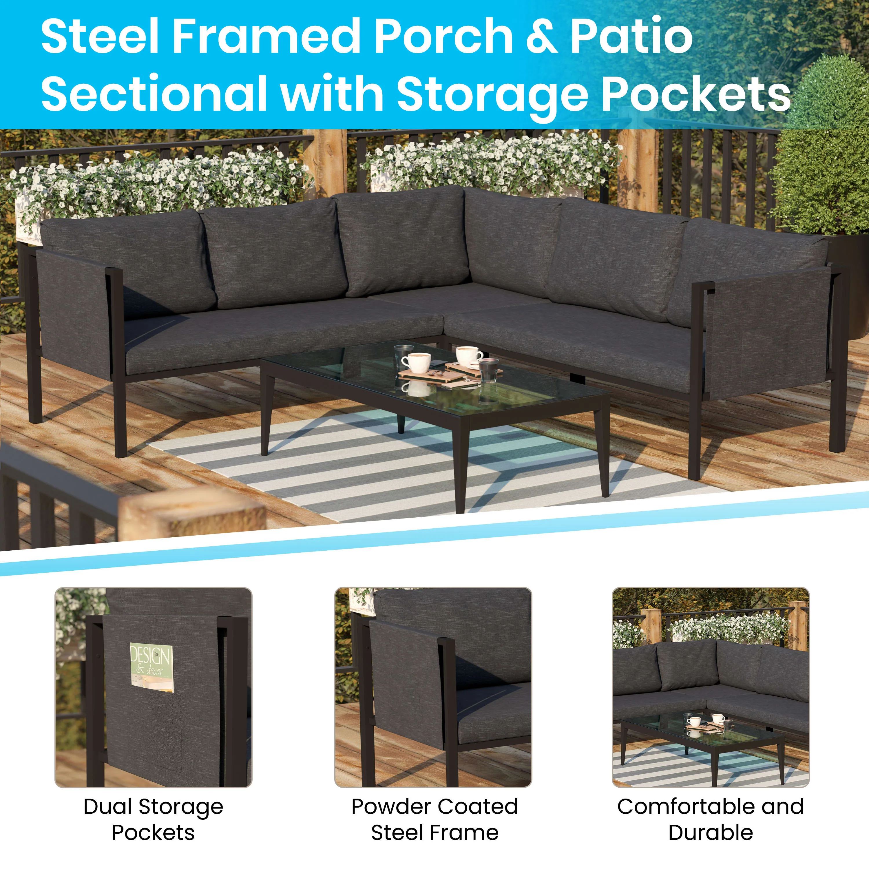 Lea Indoor/Outdoor Sectional with Cushions - Modern Steel Framed Chair with Dual Storage Pockets