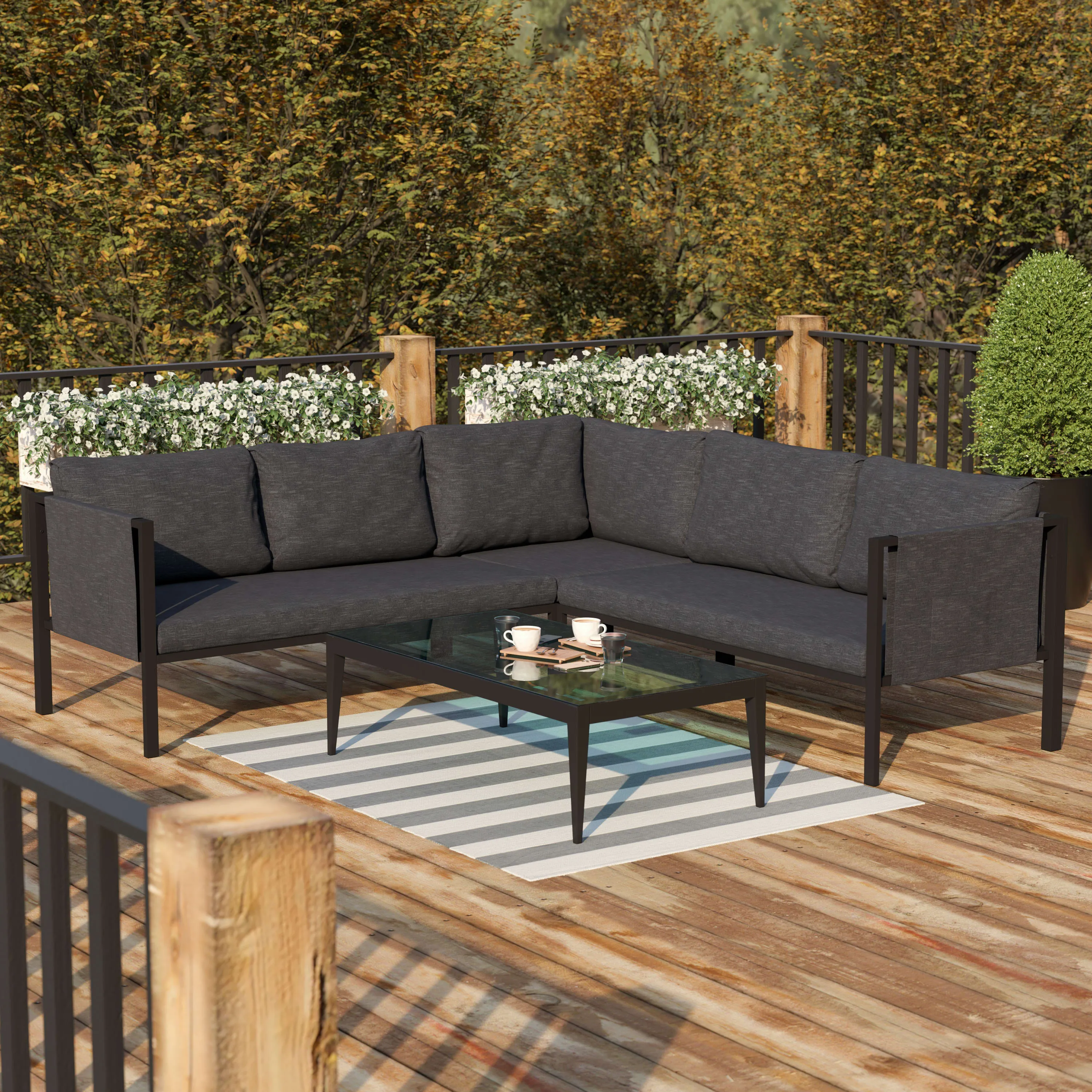 Lea Indoor/Outdoor Sectional with Cushions - Modern Steel Framed Chair with Dual Storage Pockets
