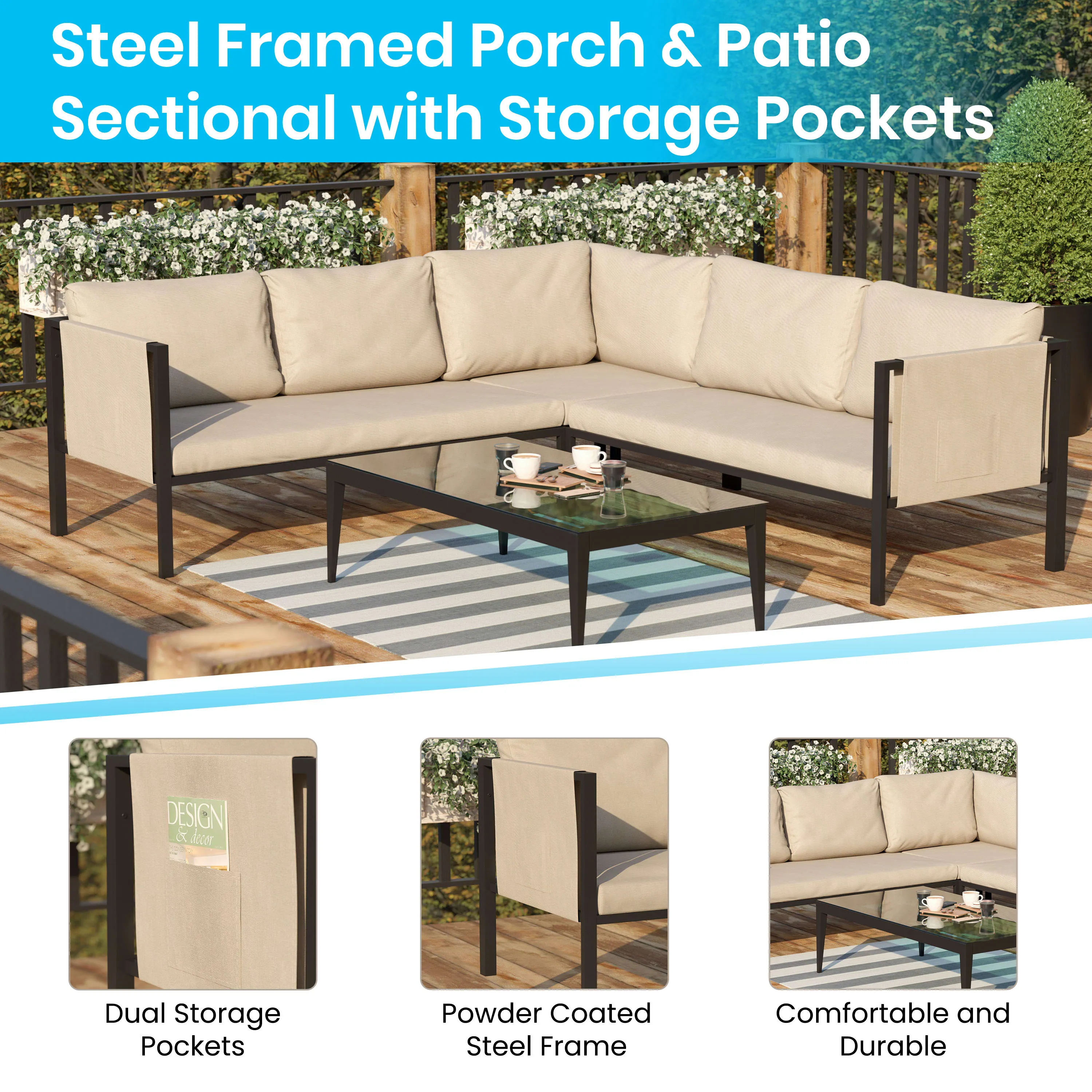 Lea Indoor/Outdoor Sectional with Cushions - Modern Steel Framed Chair with Dual Storage Pockets