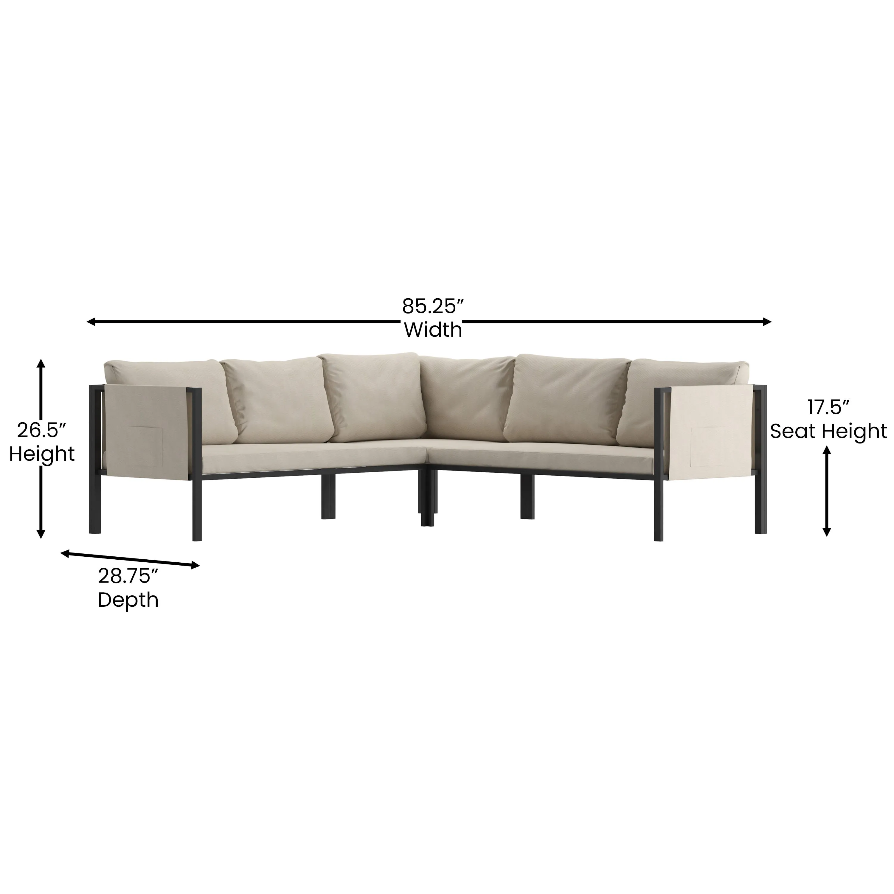 Lea Indoor/Outdoor Sectional with Cushions - Modern Steel Framed Chair with Dual Storage Pockets