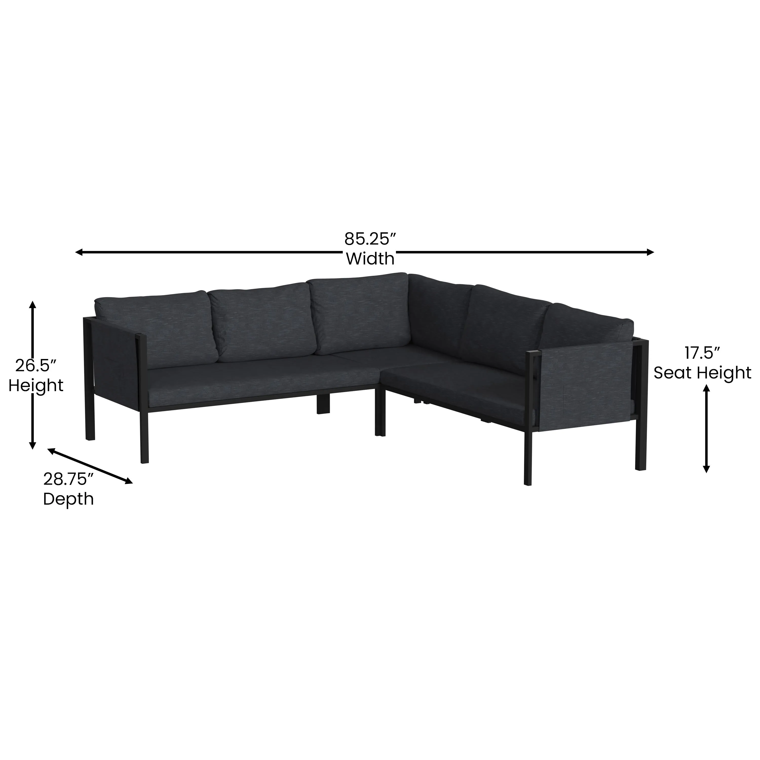 Lea Indoor/Outdoor Sectional with Cushions - Modern Steel Framed Chair with Dual Storage Pockets