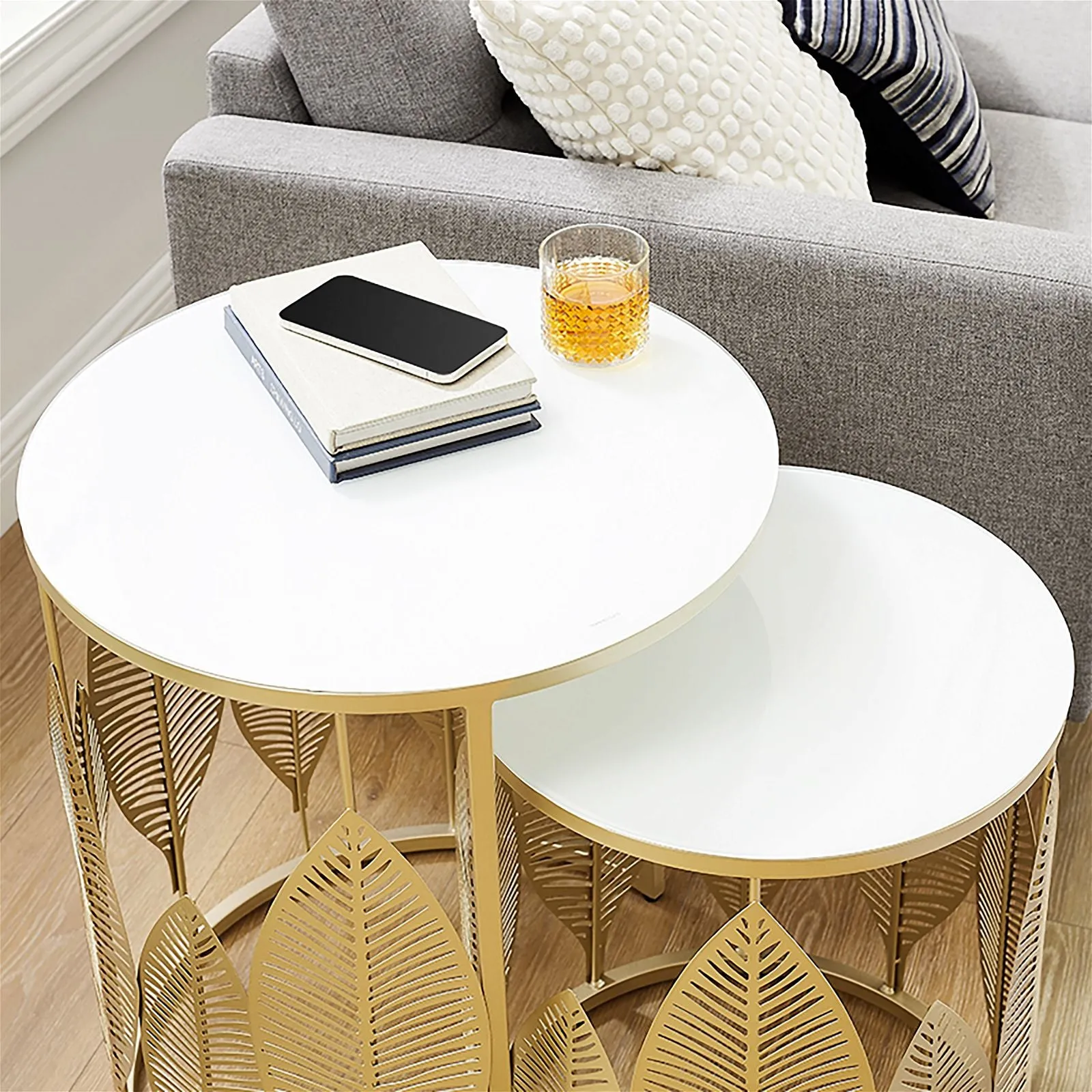 Leaf Nested Set Coffee Tables 520mm White Glass Top, Metal Frame Gold by Criterion