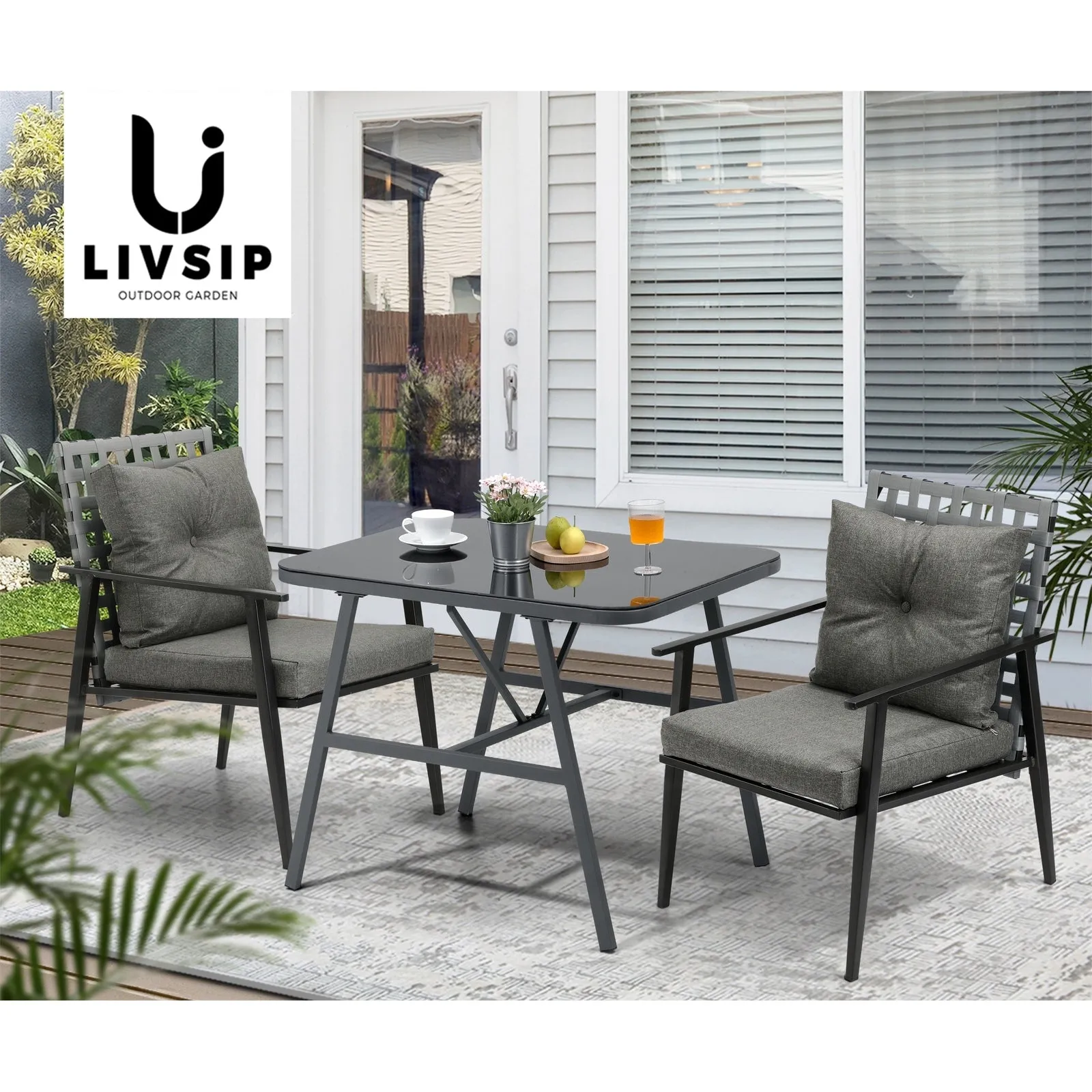Livsip Outdoor Dining Setting Garden Patio Furniture Rattan Chairs Set 3 Piece