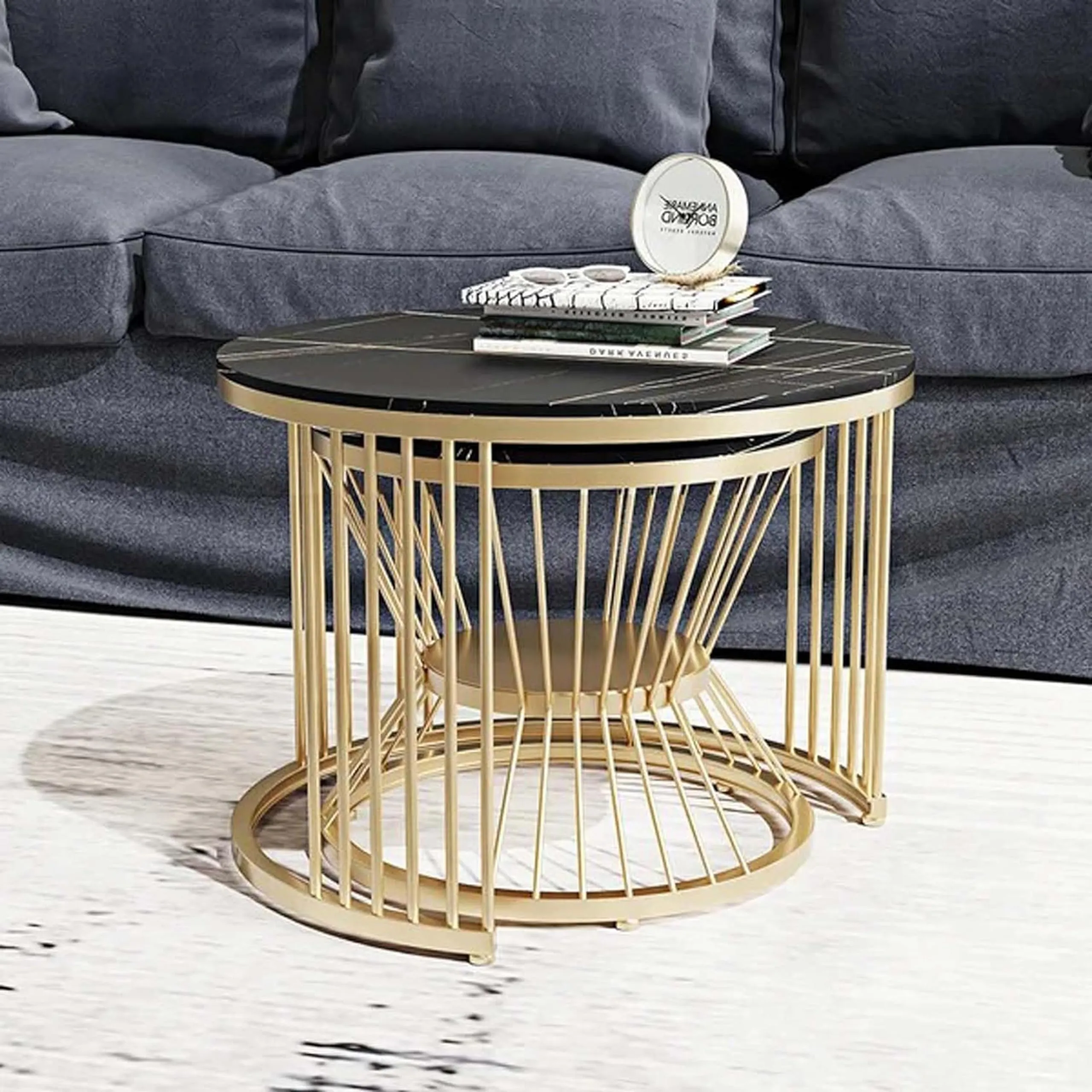 LIXERA Round Coffee Table, Contemporary Minimalist Coffee Table, Side Table Combination for Coffee and Balcony Compact Coffee Table-Black Gold