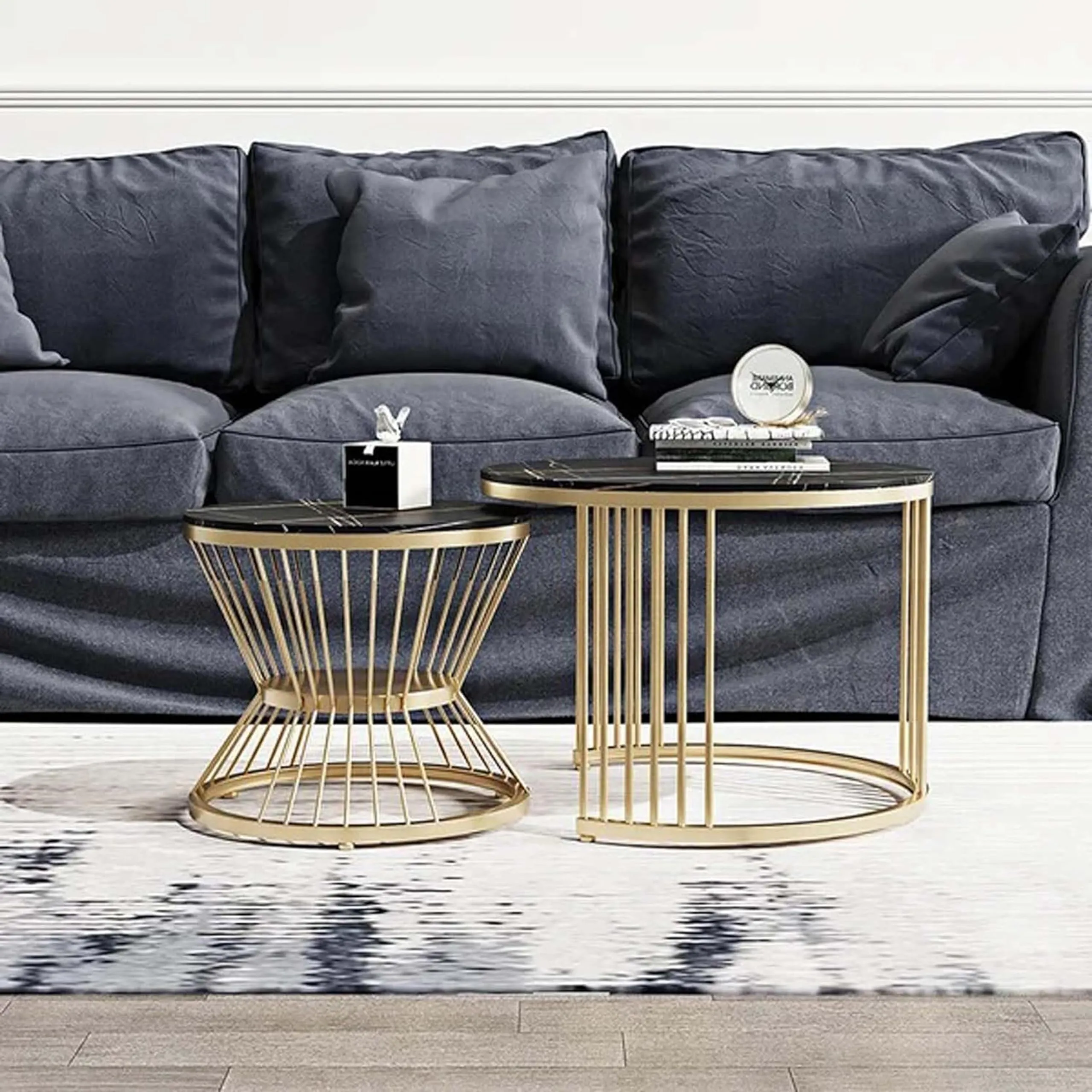 LIXERA Round Coffee Table, Contemporary Minimalist Coffee Table, Side Table Combination for Coffee and Balcony Compact Coffee Table-Black Gold