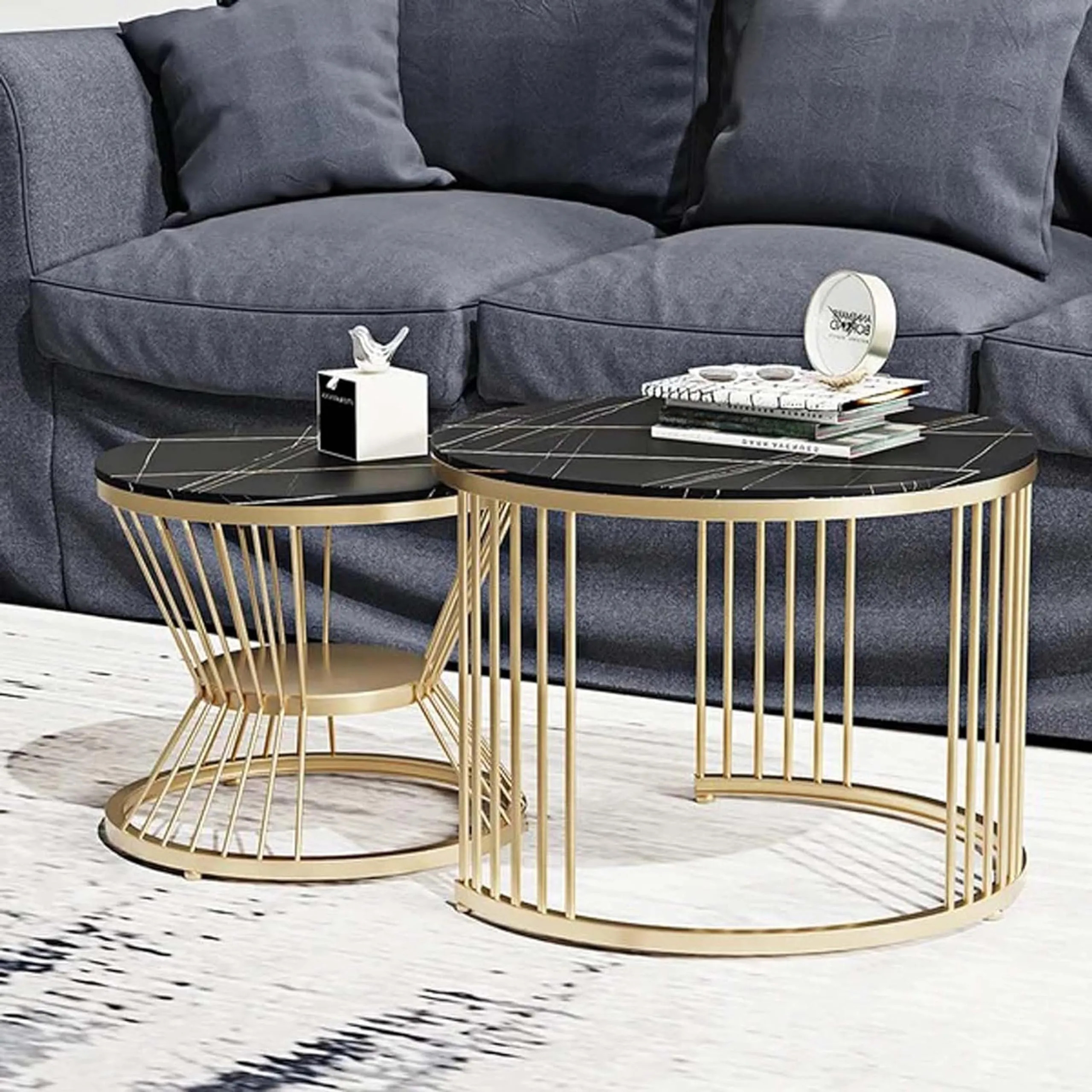 LIXERA Round Coffee Table, Contemporary Minimalist Coffee Table, Side Table Combination for Coffee and Balcony Compact Coffee Table-Black Gold