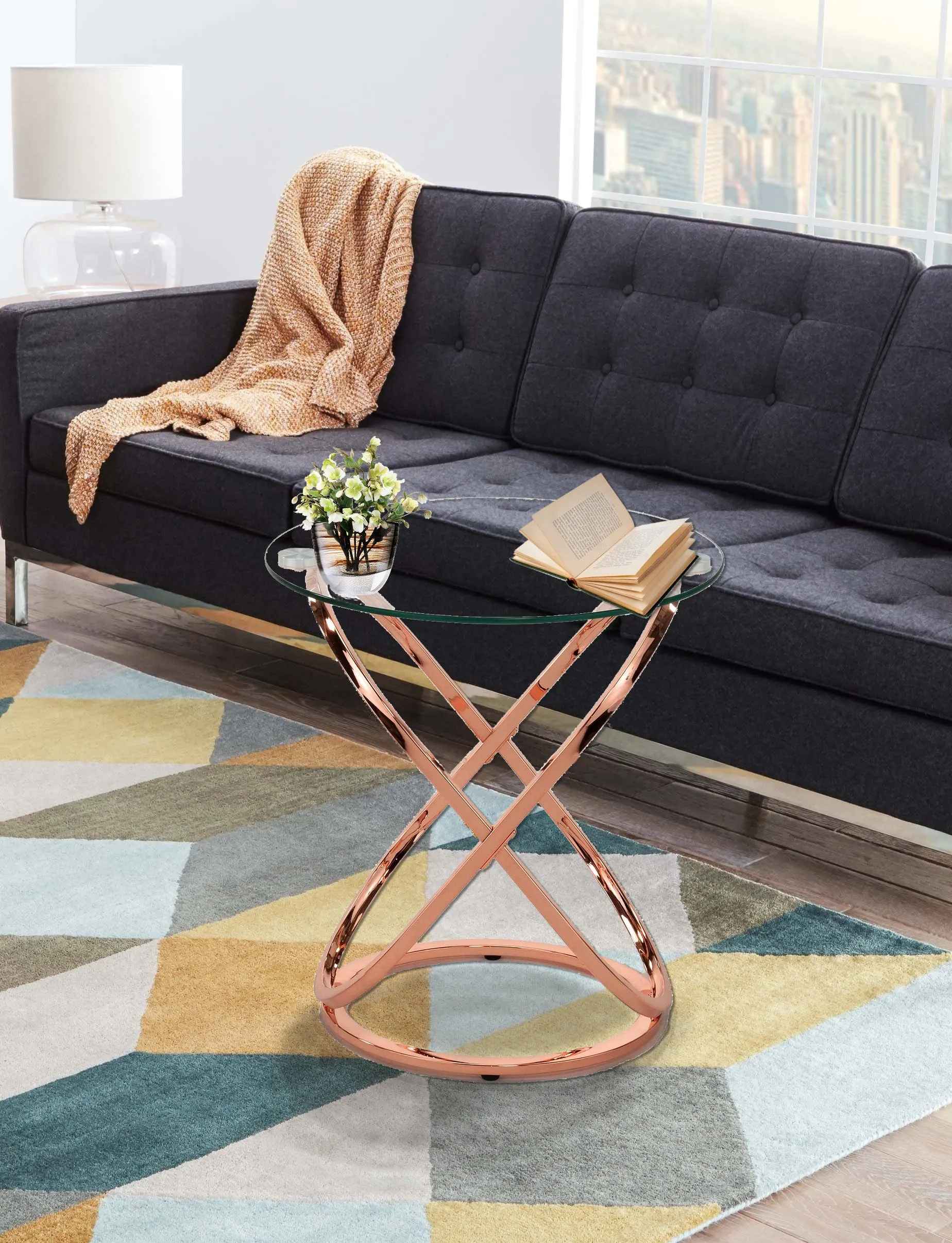 Monarch Clear Glass Round Coffee/Side End Table With Copper Base