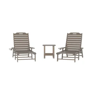 Monterey Commercial Grade 3-Piece Indoor/Outdoor Adirondack Set with 2 Adjustable HDPE Loungers with Cup Holders and 2-Tier Side Table