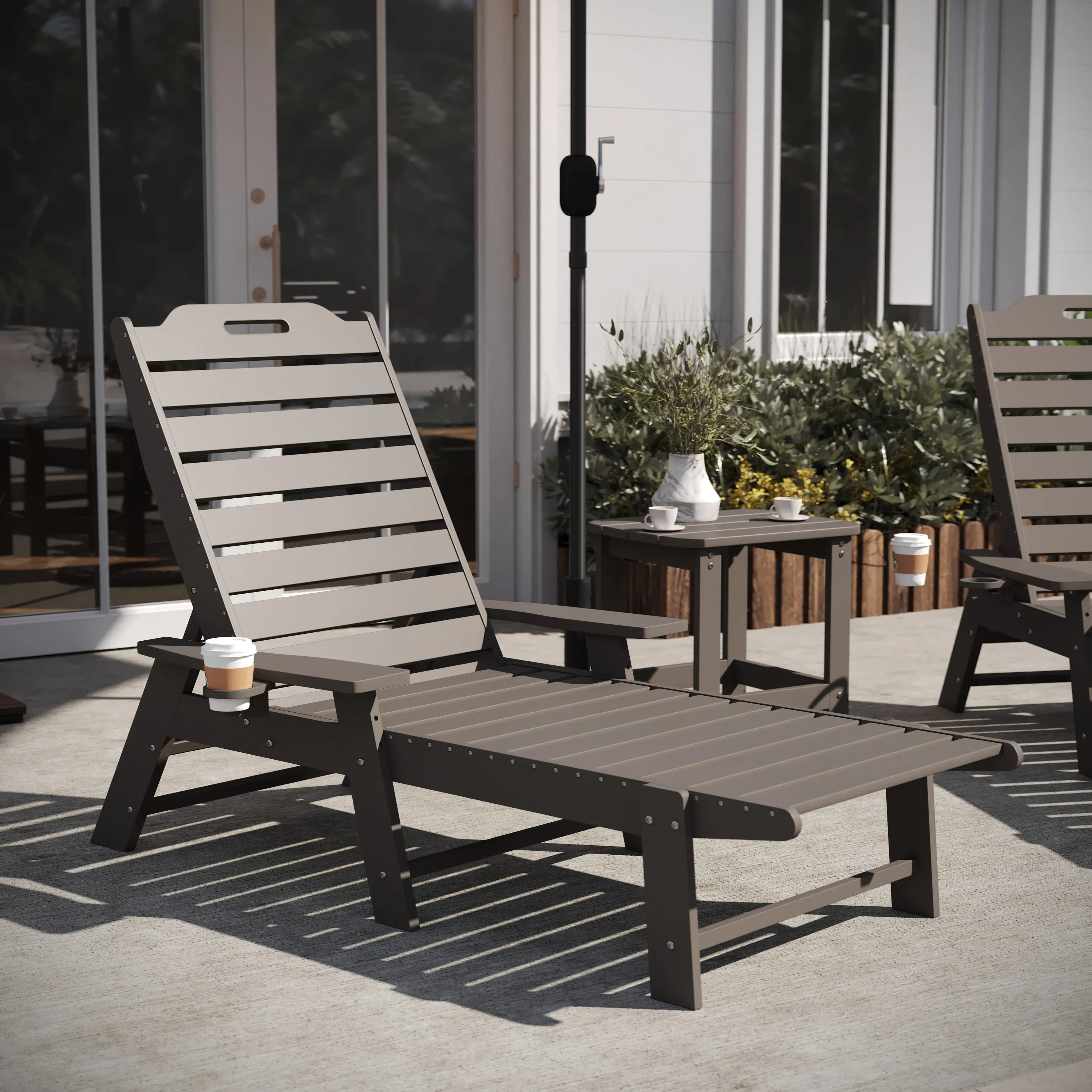 Monterey Commercial Grade 3-Piece Indoor/Outdoor Adirondack Set with 2 Adjustable HDPE Loungers with Cup Holders and 2-Tier Side Table
