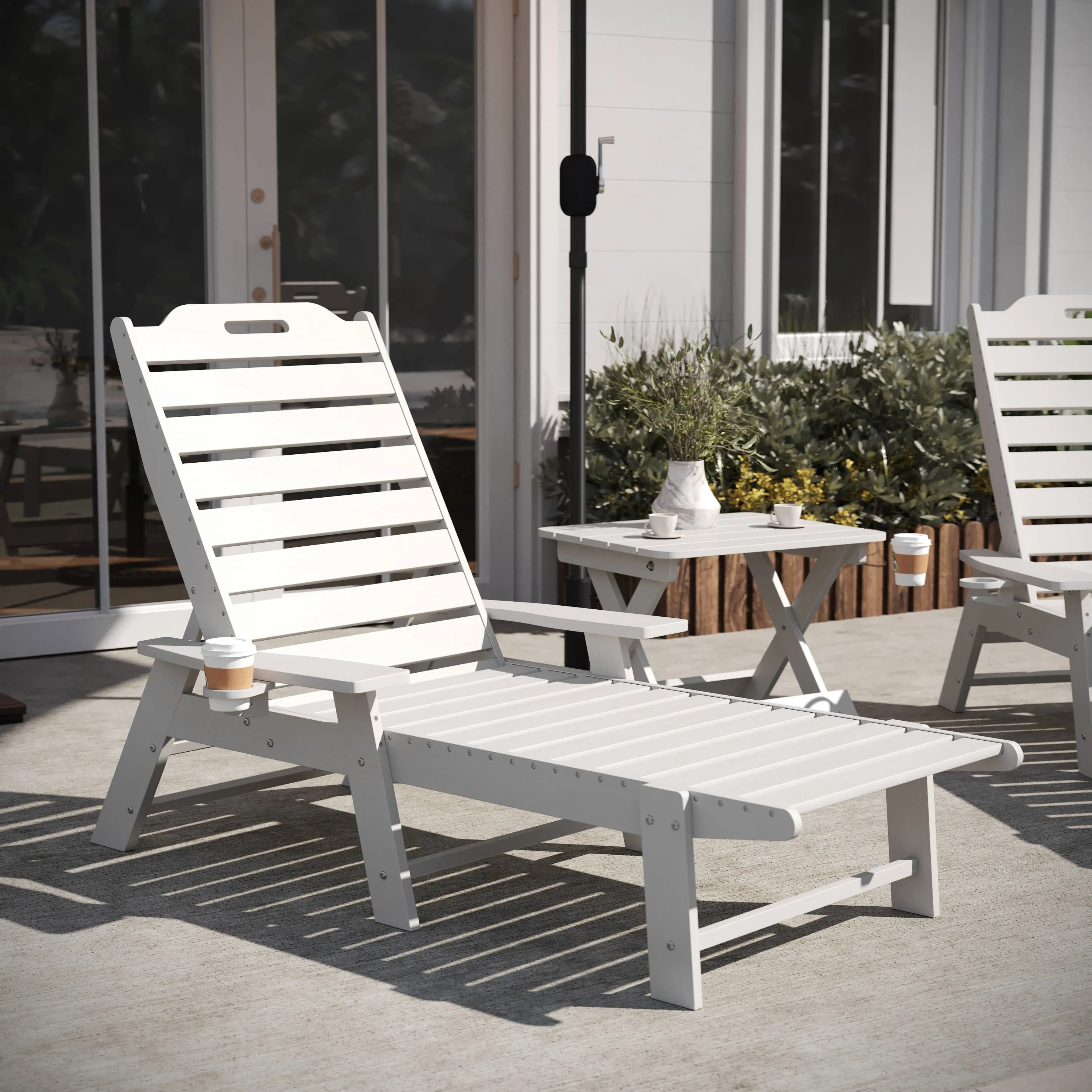 Monterey Commercial Grade 3-Piece Indoor/Outdoor Adirondack Set with 2 Adjustable HDPE Loungers with Cup Holders and Folding Side Table