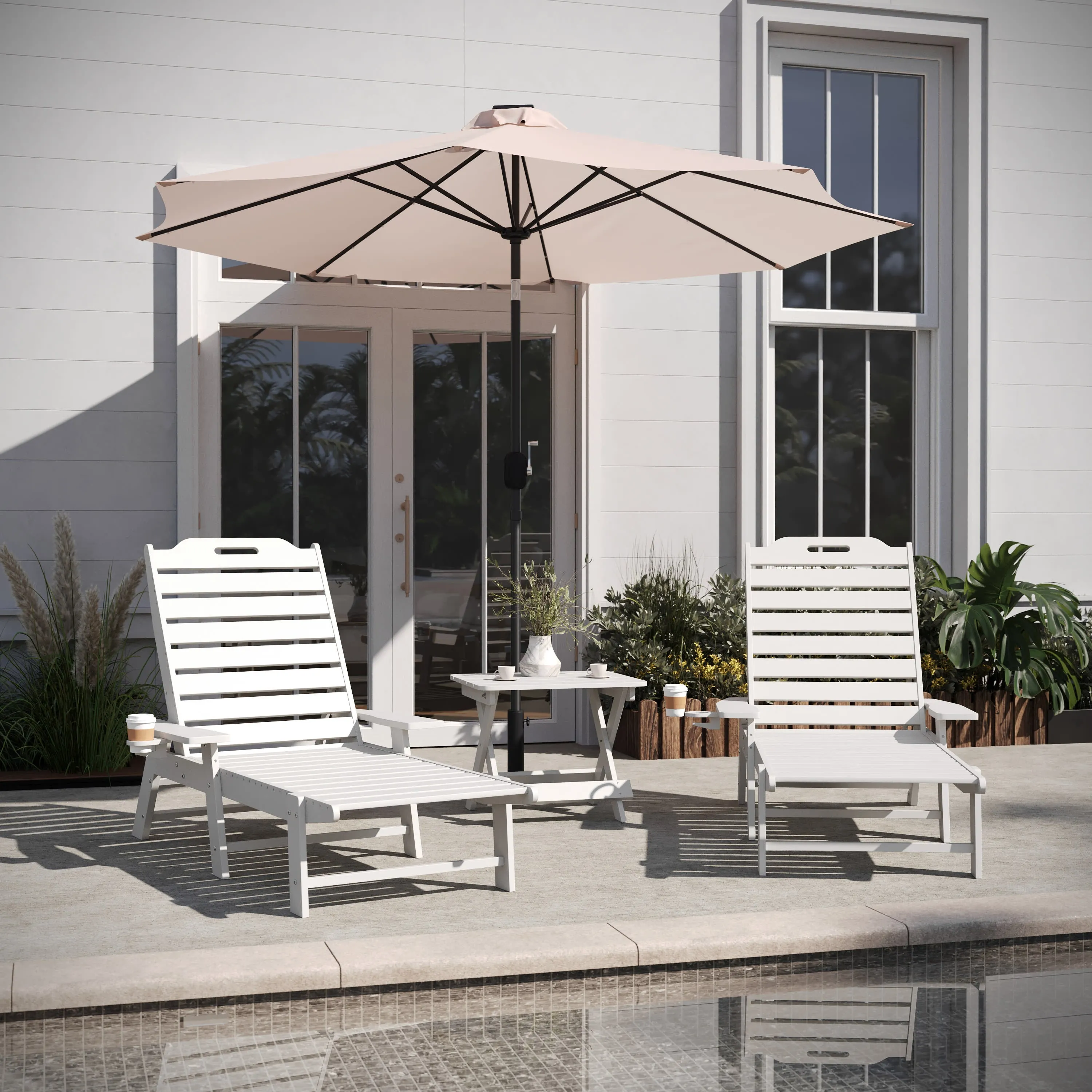 Monterey Commercial Grade 3-Piece Indoor/Outdoor Adirondack Set with 2 Adjustable HDPE Loungers with Cup Holders and Folding Side Table