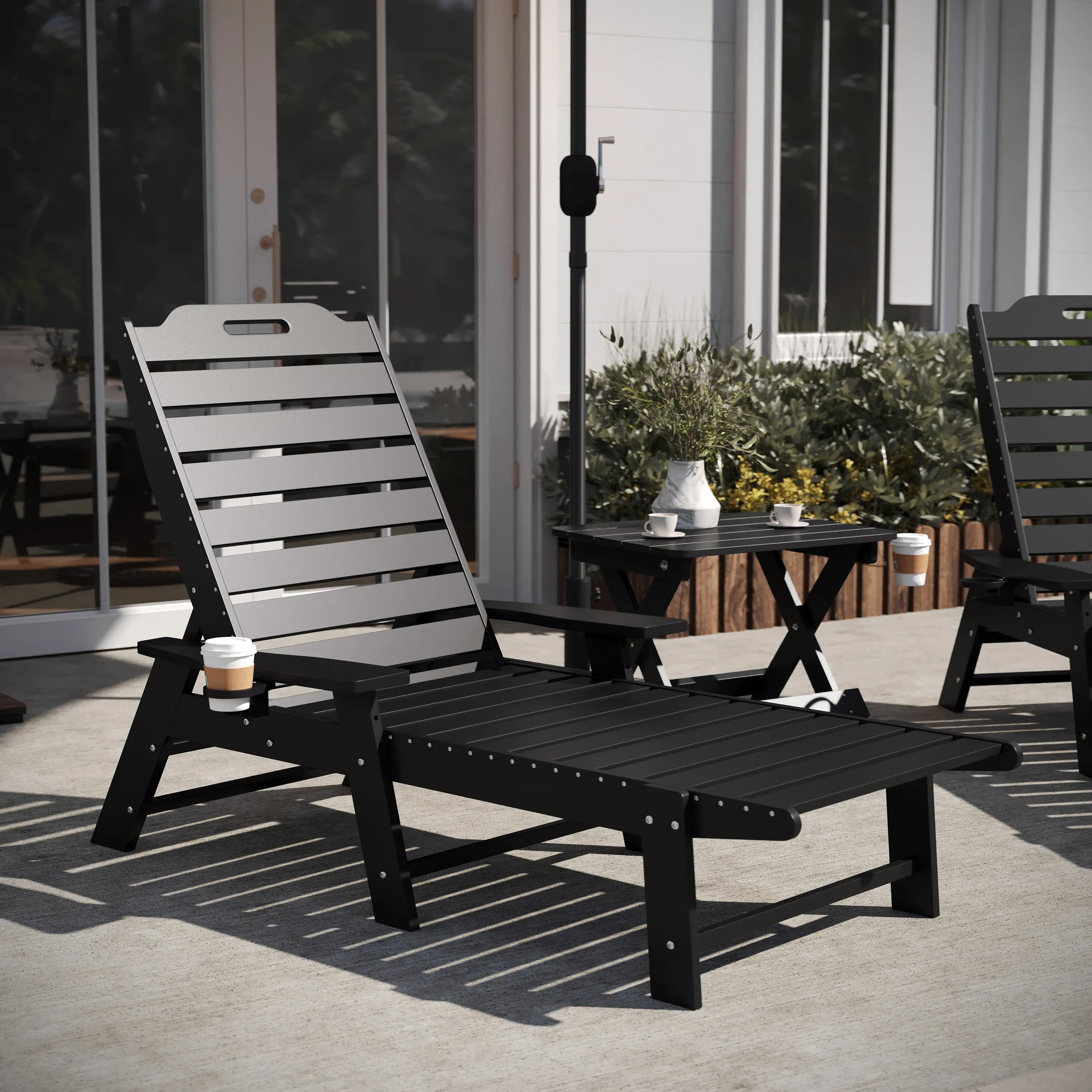 Monterey Commercial Grade 3-Piece Indoor/Outdoor Adirondack Set with 2 Adjustable HDPE Loungers with Cup Holders and Folding Side Table