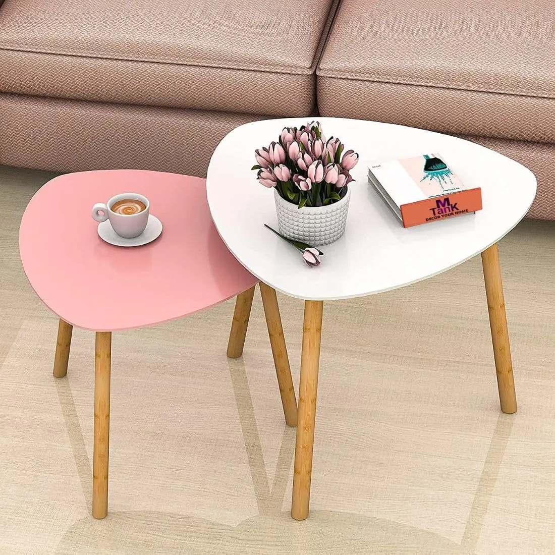 MTANK Nesting Coffee End Tables Modern Decor Side Table for Home and Office (White Pink)(Wood)