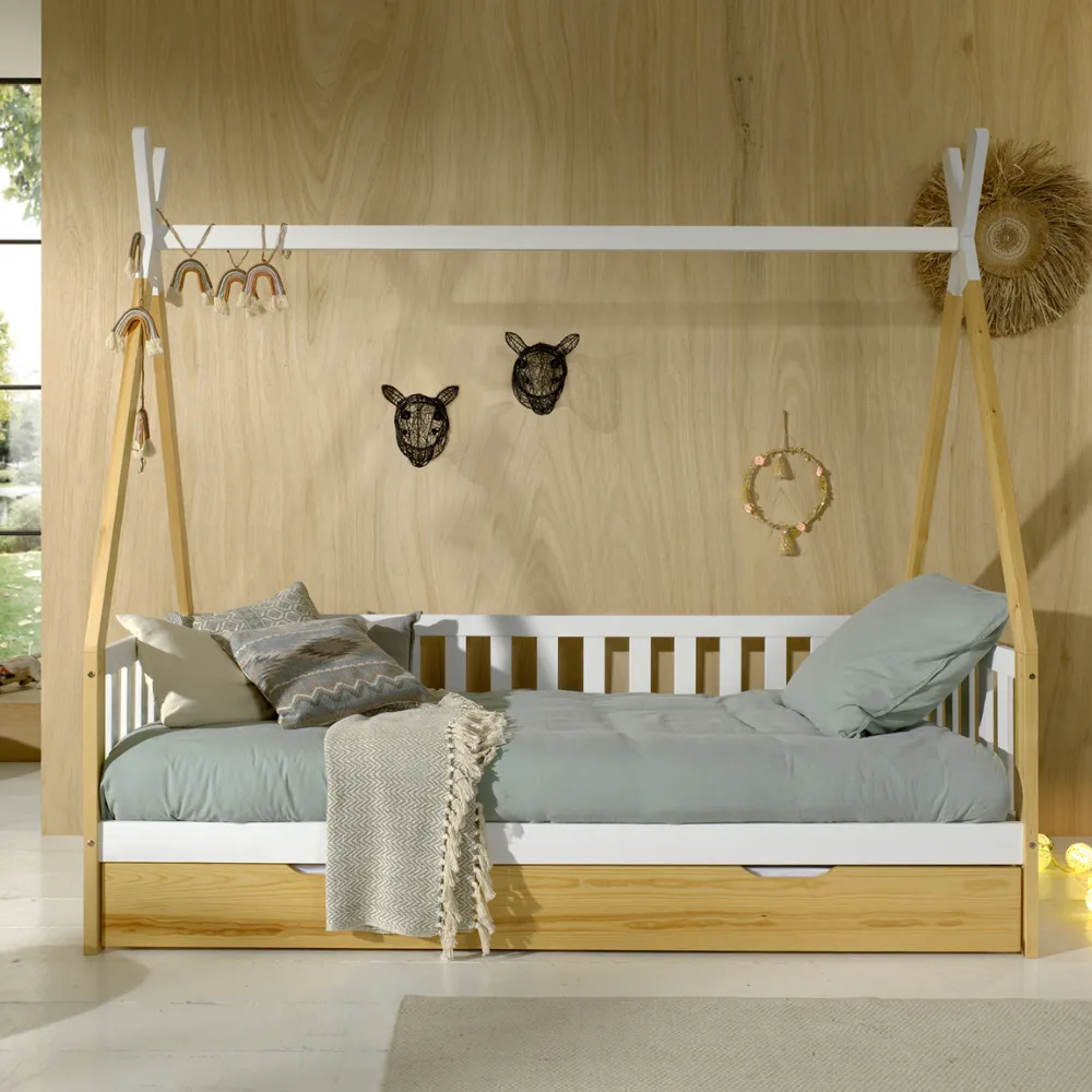 Natural Tipi Single Bed with Fence and Drawer