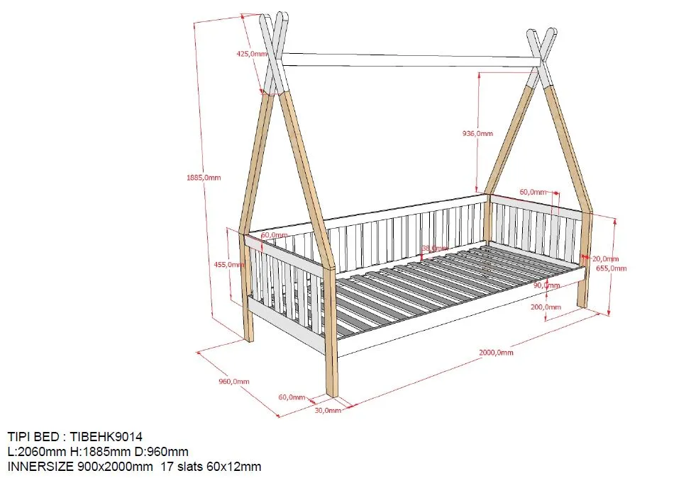 Natural Tipi Single Bed with Fence and Drawer