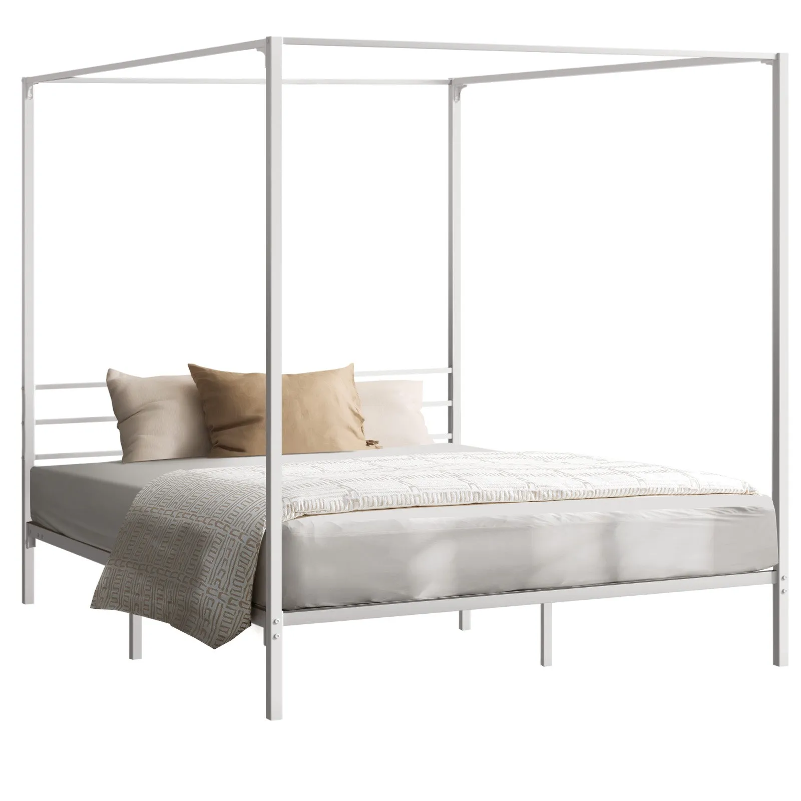 Oikiture Metal Canopy Bed Frame Double Size Beds Platform White