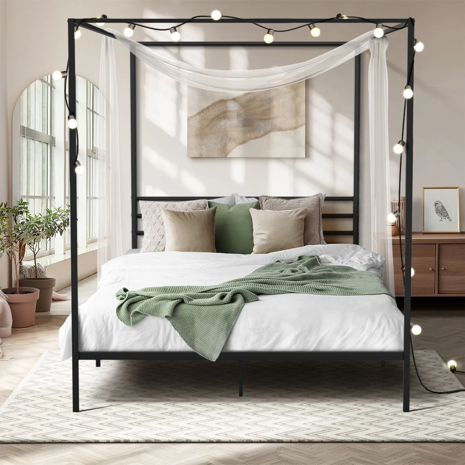 Oikiture Metal Canopy Bed Frame Queen Size Beds Platform
