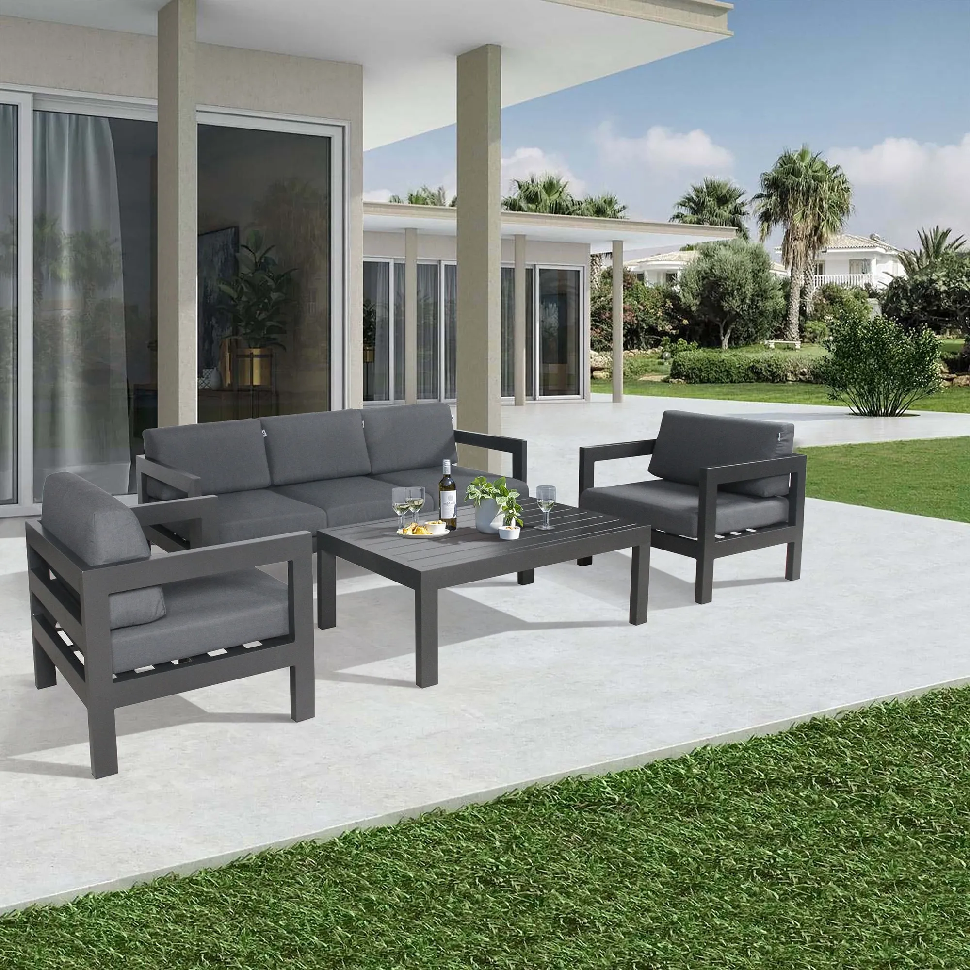 Outie 4pc Set 1 2 3 Seater Outdoor Sofa Lounge Coffee Table Aluminium Charcoal