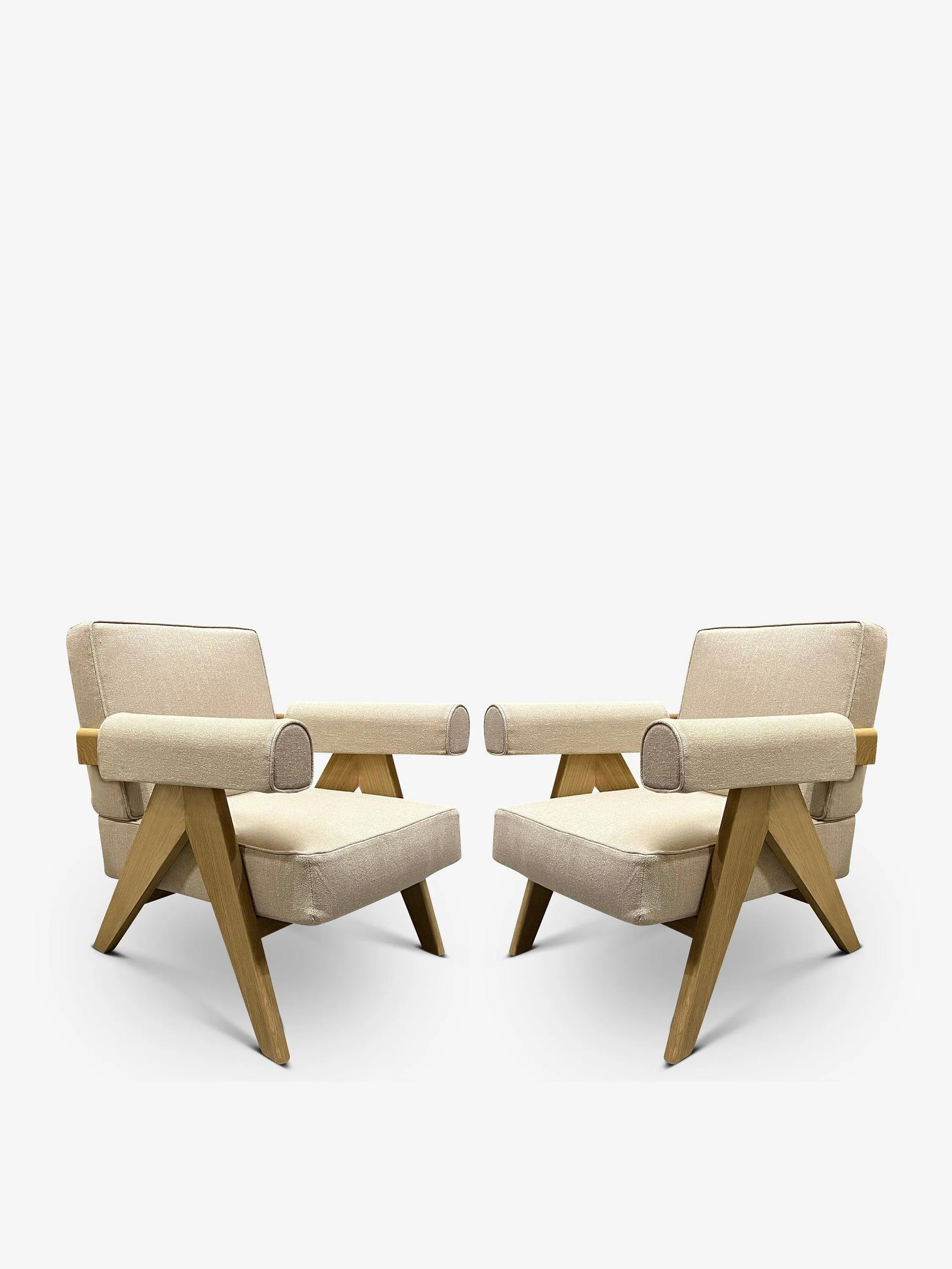 Pair Of Pierre Jeanneret 1960 Capitol Complex Armchair In Lipari Crema