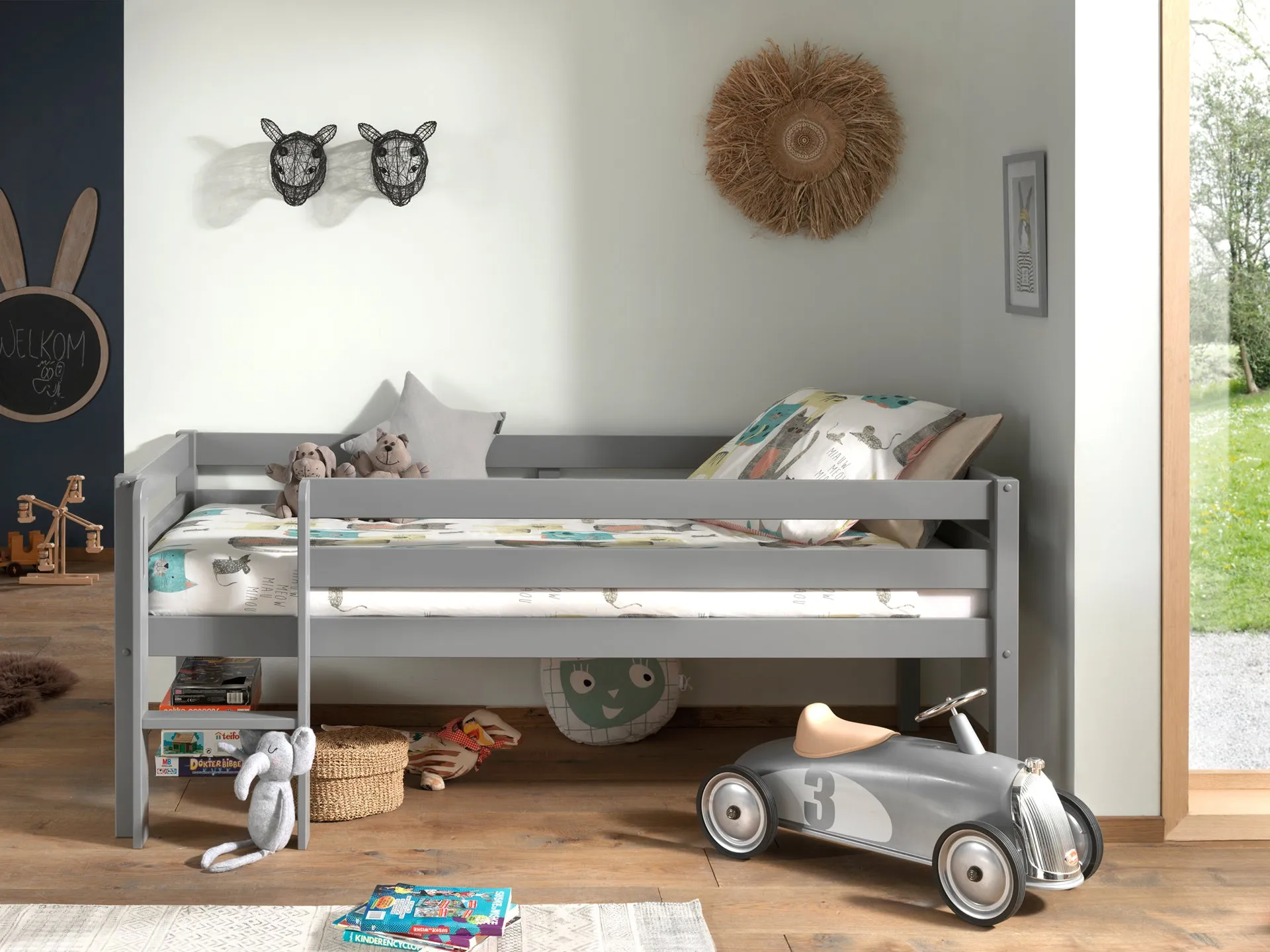 Pino Midsleeper with Ladder and 3 Drawers in Grey