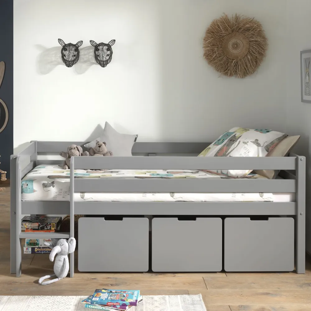 Pino Midsleeper with Ladder and 3 Drawers in Grey