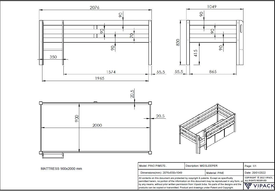 Pino Midsleeper with Ladder and 3 Drawers in Grey