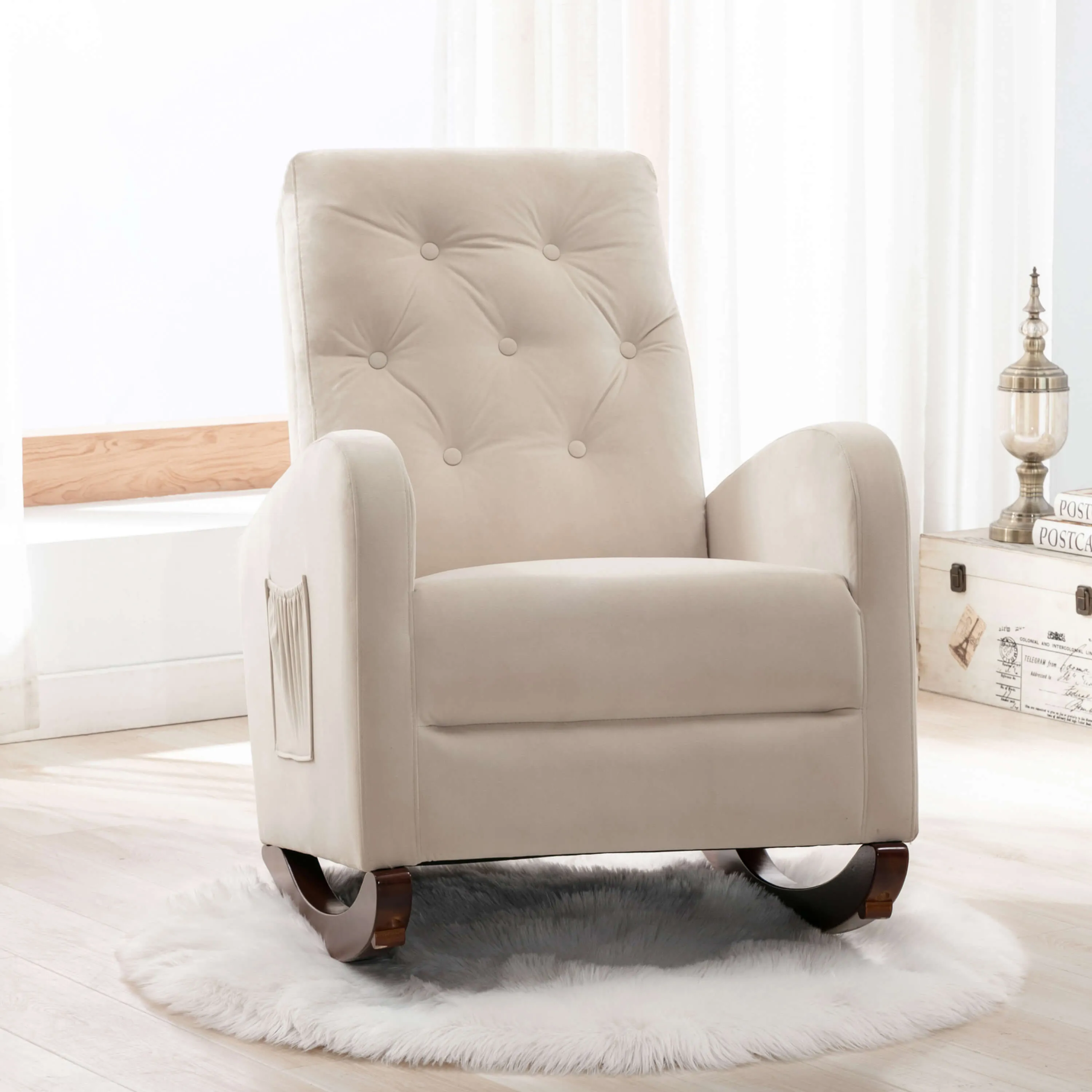 Rocking Chair High Back Mid Century Accent Chair Comfy Armchair with Fabric Padded Seat(Beige)