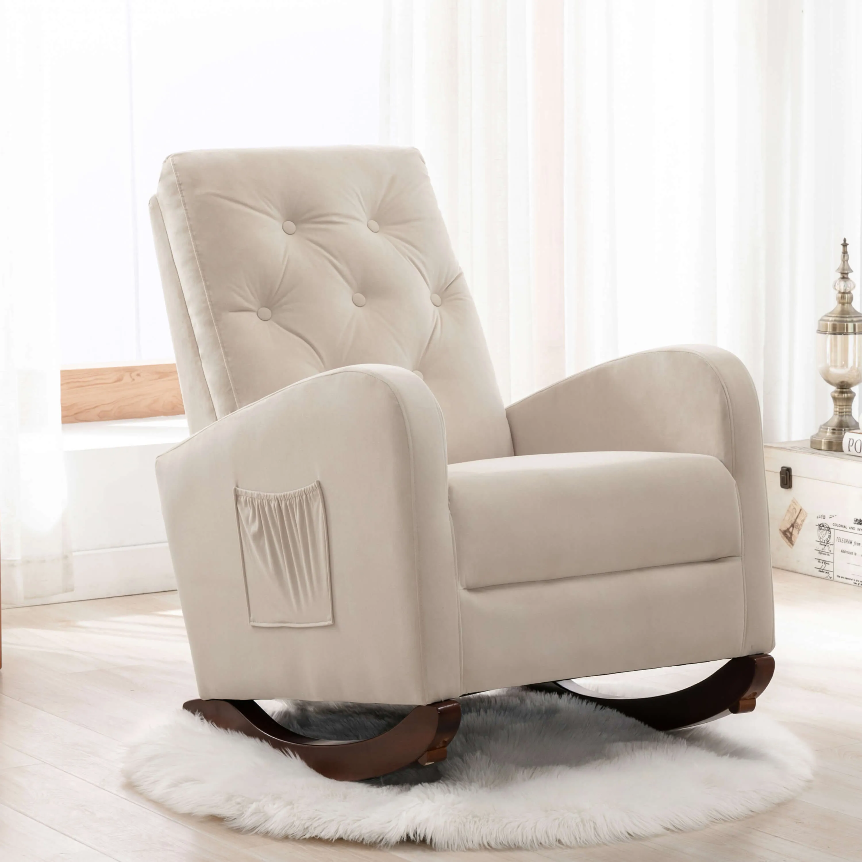 Rocking Chair High Back Mid Century Accent Chair Comfy Armchair with Fabric Padded Seat(Beige)