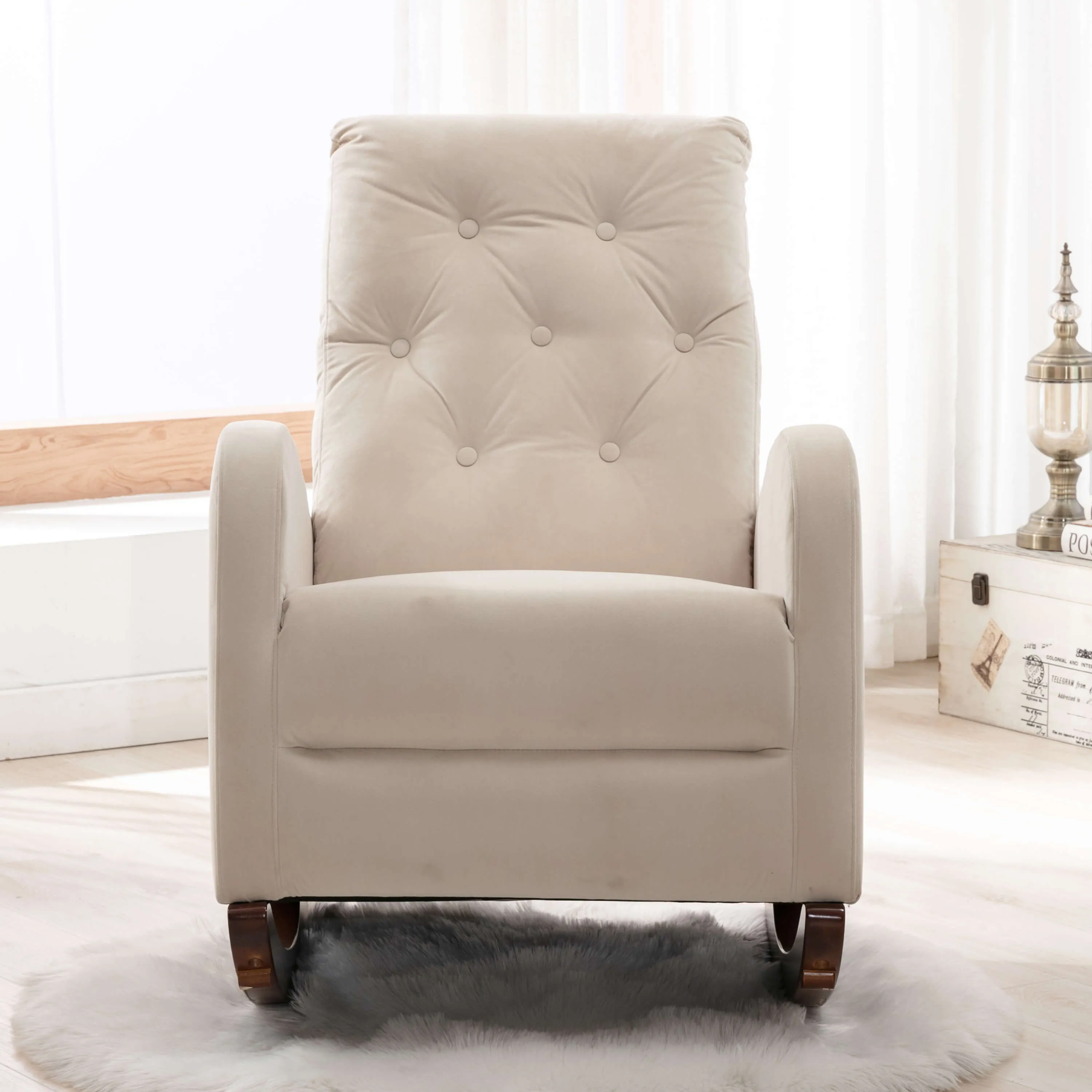 Rocking Chair High Back Mid Century Accent Chair Comfy Armchair with Fabric Padded Seat(Beige)