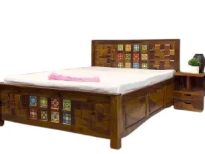 SSE Wood Dolvi Solid Sheesham Wood Queen Size Bed with Storage | Wooden Double Bed Cot Bed with Box Storage & Upholstered Cushioned Headboard for Bedroom | Teak Finish