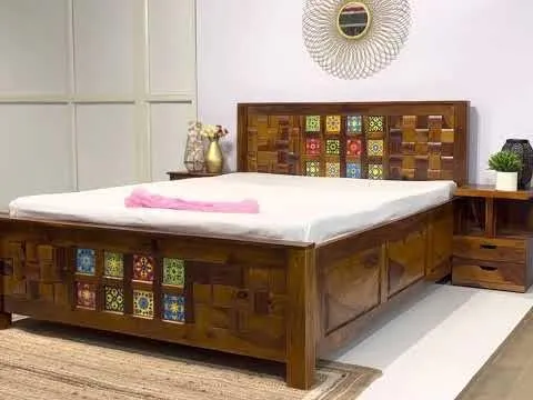 SSE Wood Dolvi Solid Sheesham Wood Queen Size Bed with Storage | Wooden Double Bed Cot Bed with Box Storage & Upholstered Cushioned Headboard for Bedroom | Teak Finish
