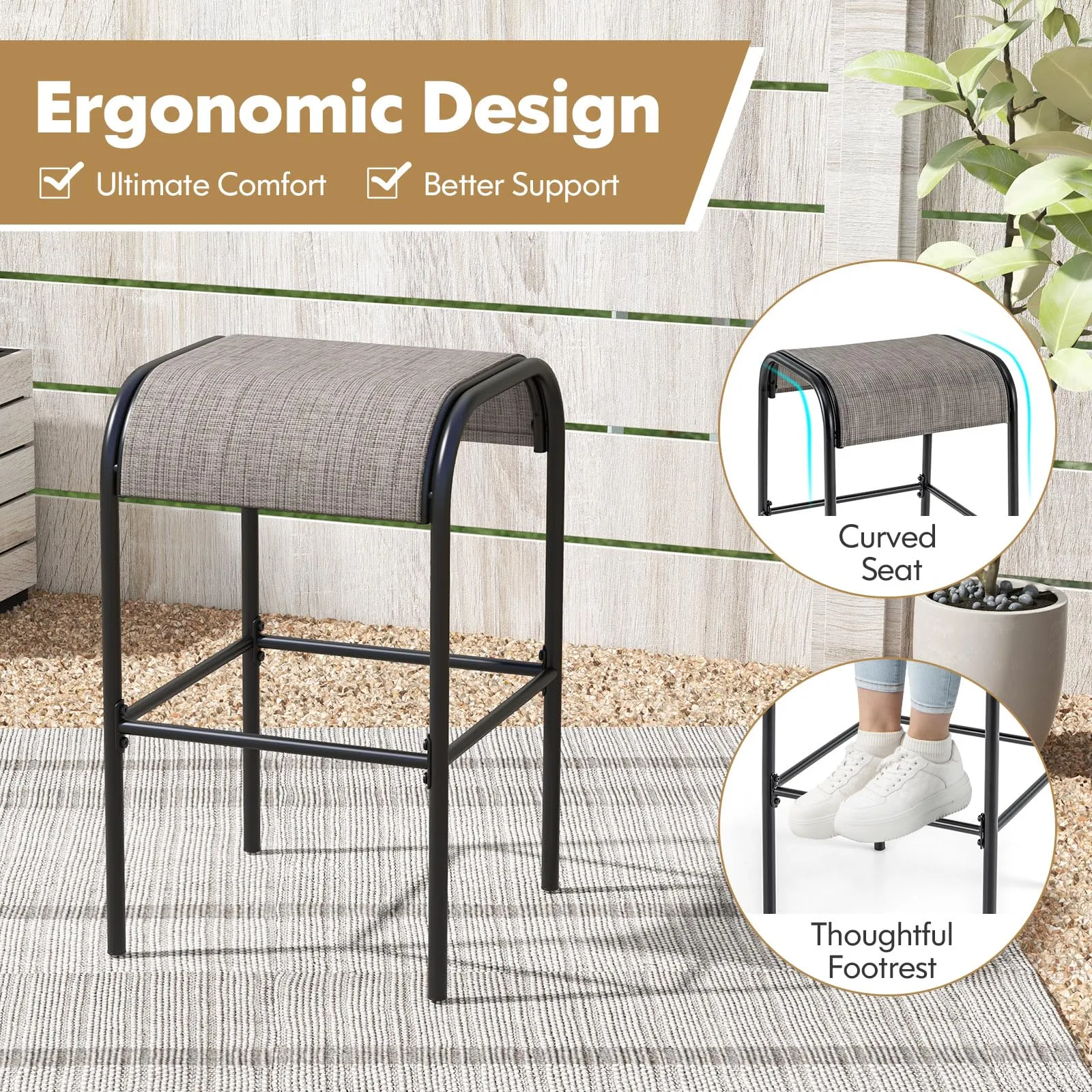 Tangkula Outdoor Bar Stools Set of 2/4, 30" Bar Height Bistro Stools with Breathable Fabric Seat & Heavy-Duty Metal Frame