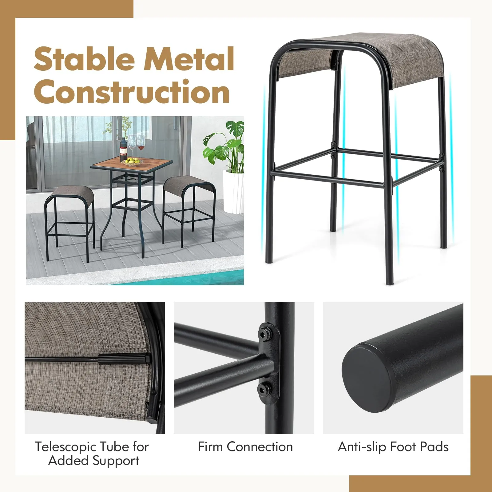 Tangkula Outdoor Bar Stools Set of 2/4, 30" Bar Height Bistro Stools with Breathable Fabric Seat & Heavy-Duty Metal Frame