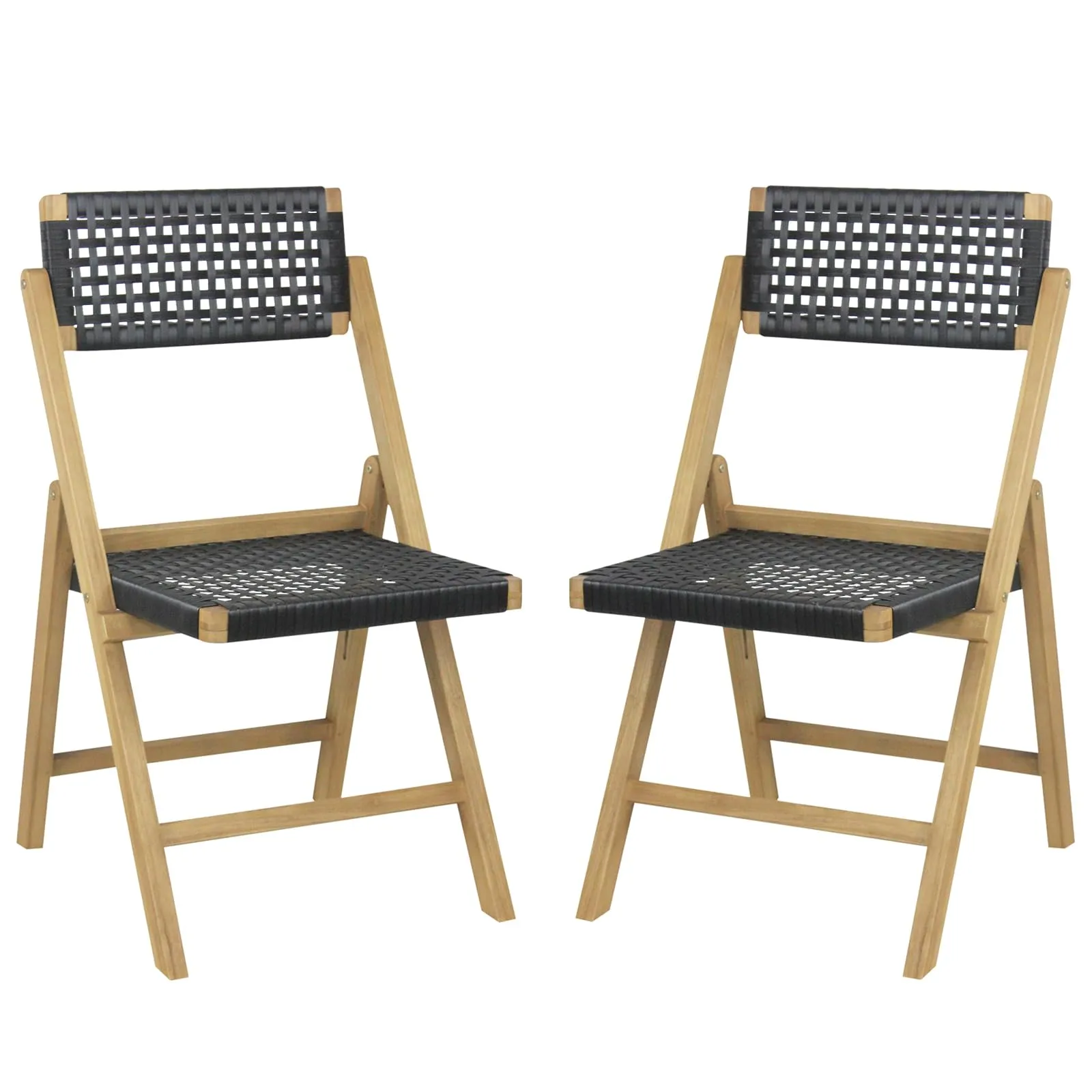 Tangkula Set of 2 Patio Folding Chairs, Solid Teak Wood Dining Chairs with Woven Rope Seat & Back