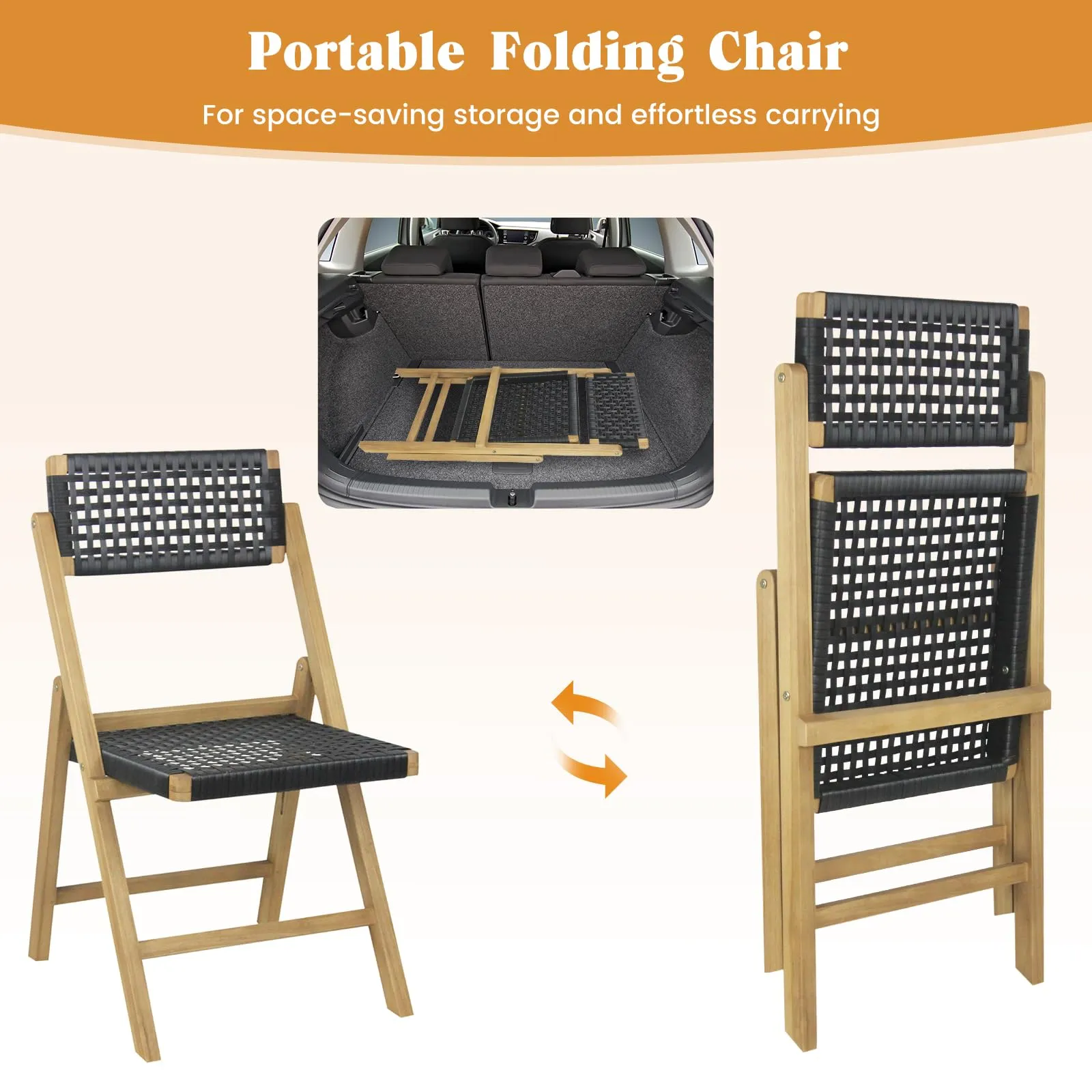 Tangkula Set of 2 Patio Folding Chairs, Solid Teak Wood Dining Chairs with Woven Rope Seat & Back