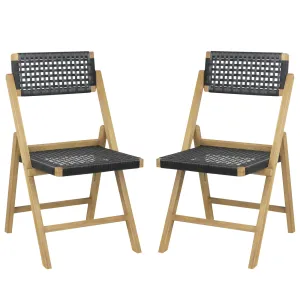 Tangkula Set of 2 Patio Folding Chairs, Solid Teak Wood Dining Chairs with Woven Rope Seat & Back