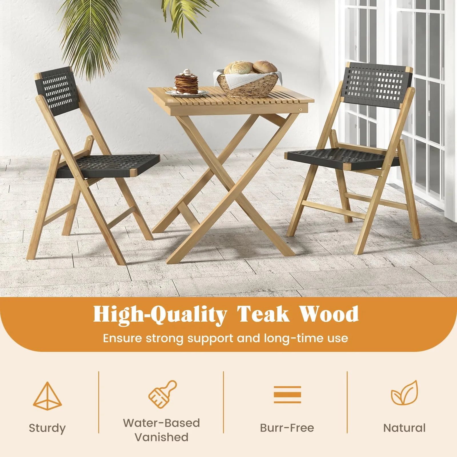 Tangkula Set of 2 Patio Folding Chairs, Solid Teak Wood Dining Chairs with Woven Rope Seat & Back