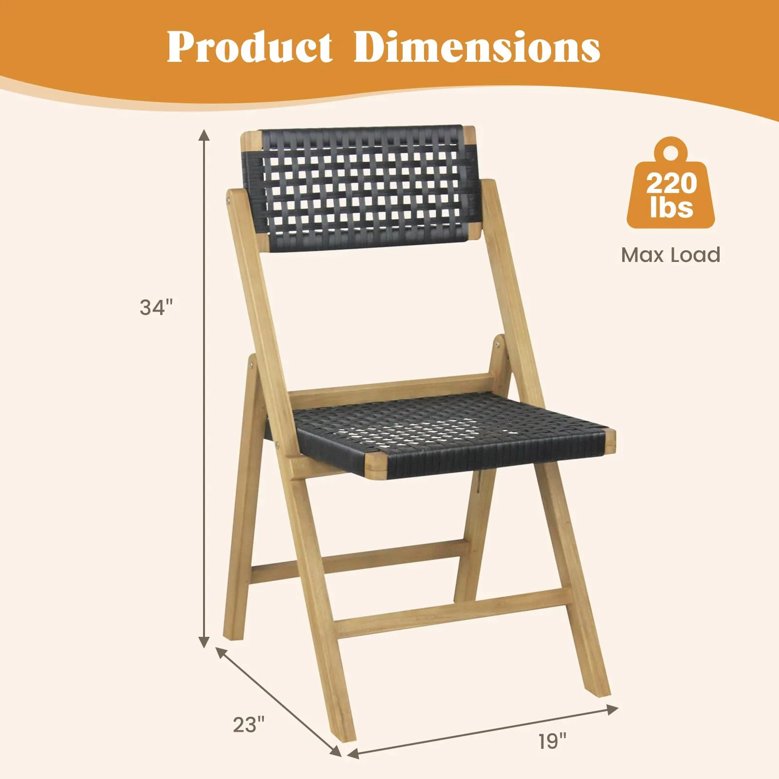 Tangkula Set of 2 Patio Folding Chairs, Solid Teak Wood Dining Chairs with Woven Rope Seat & Back