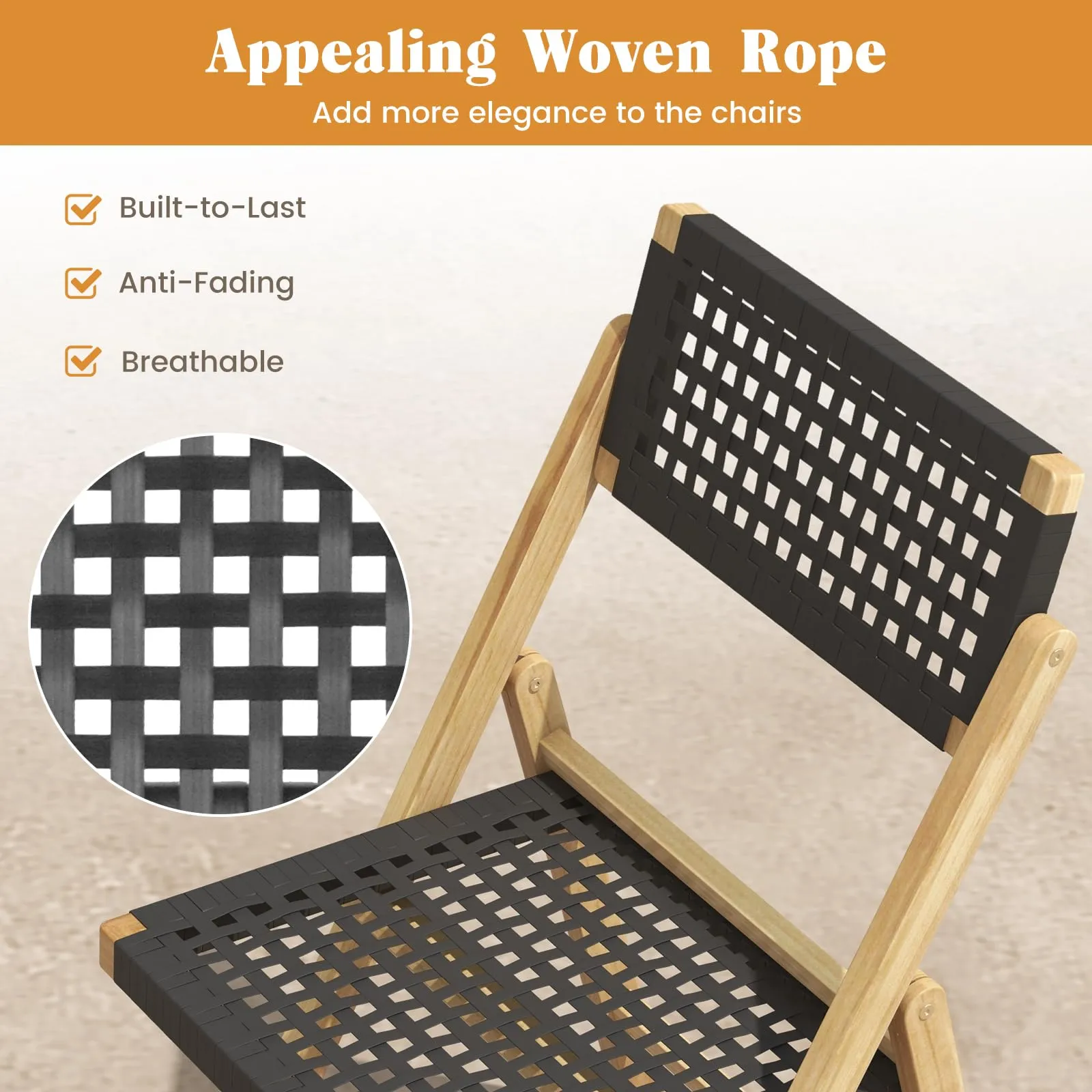 Tangkula Set of 2 Patio Folding Chairs, Solid Teak Wood Dining Chairs with Woven Rope Seat & Back