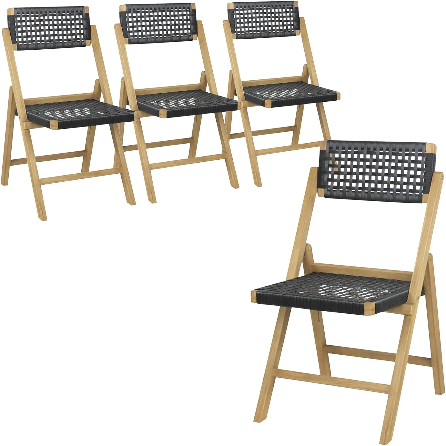 Tangkula Set of 2 Patio Folding Chairs, Solid Teak Wood Dining Chairs with Woven Rope Seat & Back