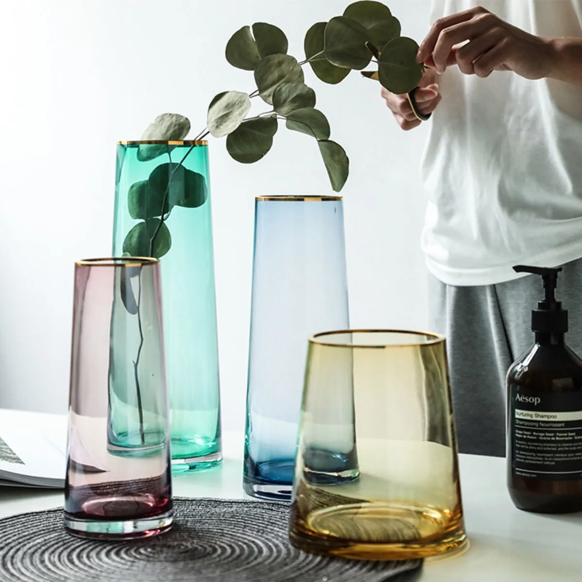 Tapered Colored Glass Vase with Gold Rim